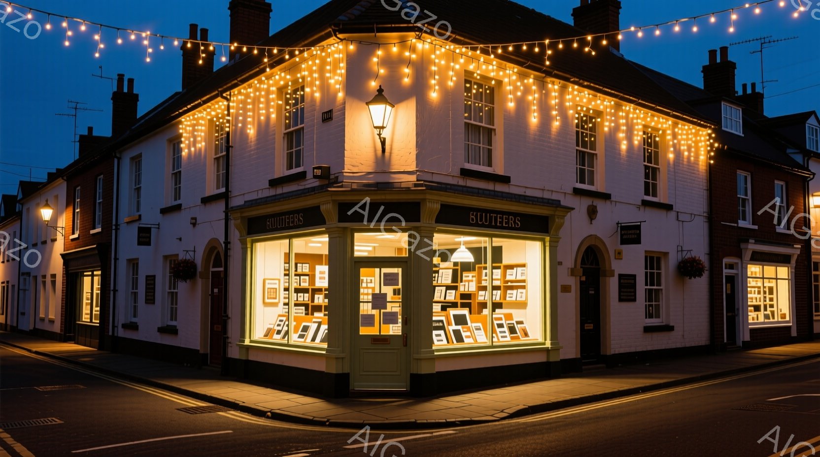 白い壁の書店が夜の街角に佇んでいます。店先にはたくさんの本が並び、温かい光が差し込んでいます。夜空には提灯のような光が飾られ、落ち着いた、魅力的な雰囲気を醸し出しています。 - AI生成フリー素材