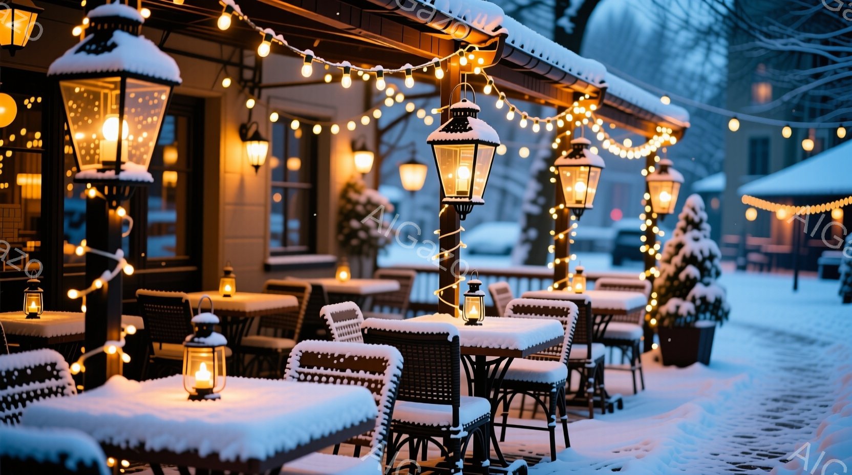 雪が降り積もった冬のカフェのテラス席が描かれています。テーブルや椅子は雪で覆われ、暖色のランタンとイルミネーションが幻想的な雰囲気を醸し出しています。背景には雪で覆われた建物が見え、静かで穏やかな冬の - AI生成フリー素材