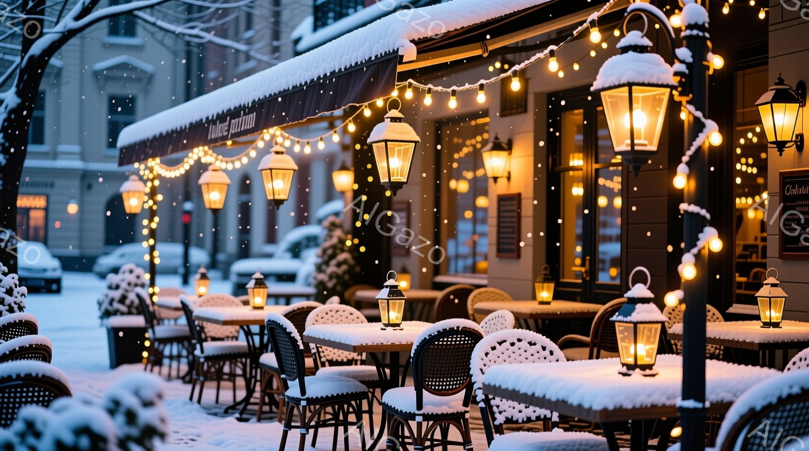 雪が降り積もる中、カフェのテラス席が温かい光で照らされている。黒い椅子には白いクッションが置かれ、テーブルの上にはキャンドルやランタンが灯り、暖かく魅力的な雰囲気を醸し出している。背景には、雪化粧され - AI生成フリー素材