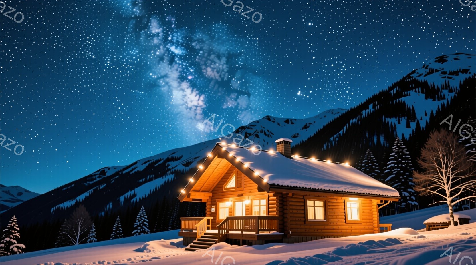 雪に覆われた山々と、その麓に建つ木製のキャビンが印象的な光景です。キャビンは温かい光で照らされ、屋根にはイルミネーションが飾られています。背景には満天の星空と天の川が広がり、静寂で幻想的な冬の夜を表現しています。
