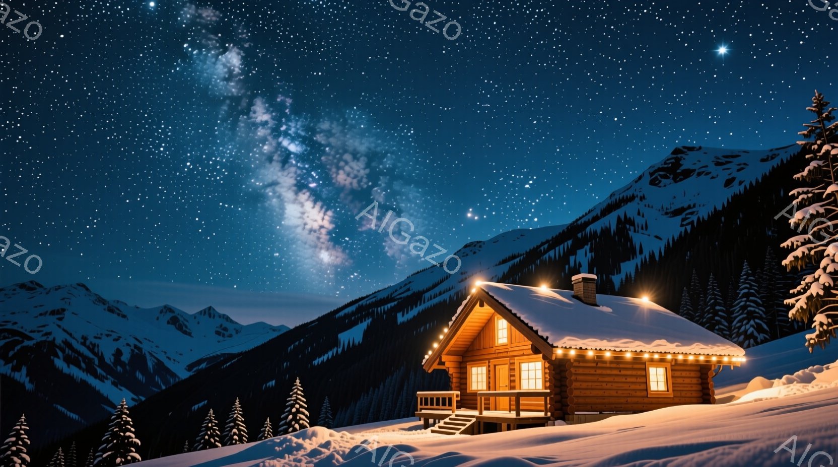 雪に覆われた山々に囲まれた、窓から暖かな光が漏れる木造のキャビンが印象的な風景です。キャビンは雪で覆われた斜面に建っており、周りには針葉樹が点在しています。夜空には天の川が輝き、静かで幻想的な冬の雰囲 - AI生成フリー素材