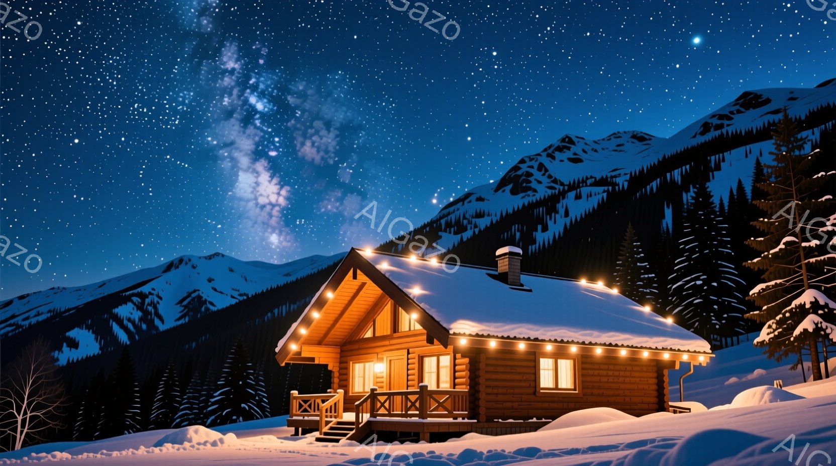 雪に覆われた山々に囲まれた丸太小屋が、温かい光で照らされている。屋根には雪が積もり、窓からは優しい光が漏れ出し、クリスマスのイルミネーションが小屋を飾り立てている。夜空には星が輝き、幻想的な雰囲気を醸し出している。