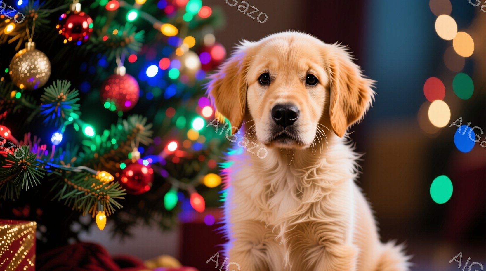 明るい毛並みのゴールデンレトリバーの子犬が、正面を見つめて座っています。背景には、赤や緑のオーナメントで飾られたクリスマスツリーがぼやけて見え、キラキラと輝く光が暖かく包み込むような雰囲気を作り出して - AI生成フリー素材