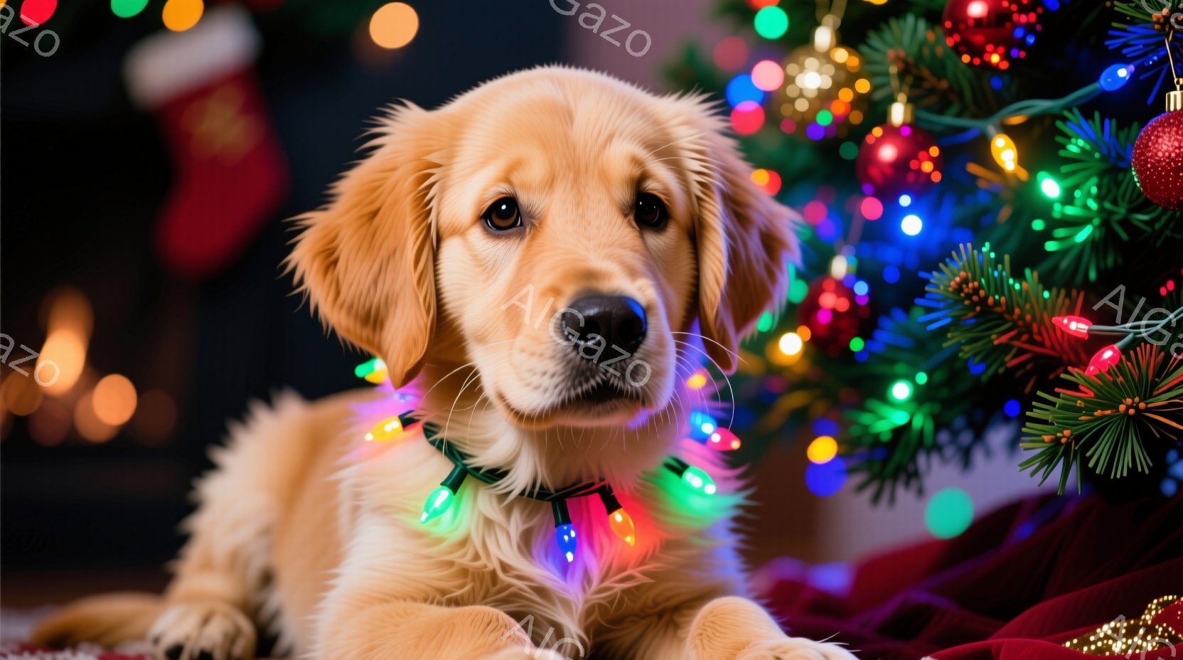 ゴールデンレトリバーの子犬が、クリスマスツリーの足元でリラックスして横たわっています。その首にはカラフルなイルミネーションライトが巻かれ、つぶらな瞳がカメラを見つめています。背景にはぼんやりとクリスマ - AI生成フリー素材