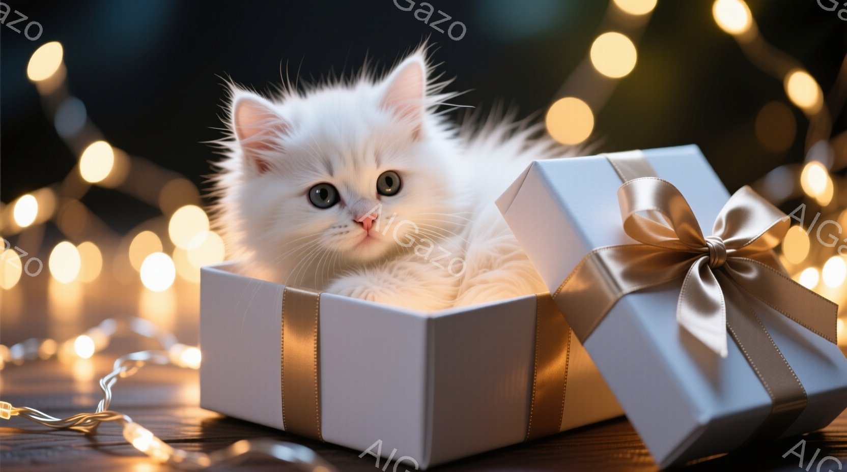 白い子猫が、金の ribbon で飾られた開いた白い gift box の中に座っています。その表情は好奇心と少しの戸惑いが混ざり、大きな瞳でカメラを見つめています。背景にはぼやけた暖かい色の光が散り - AI生成フリー素材