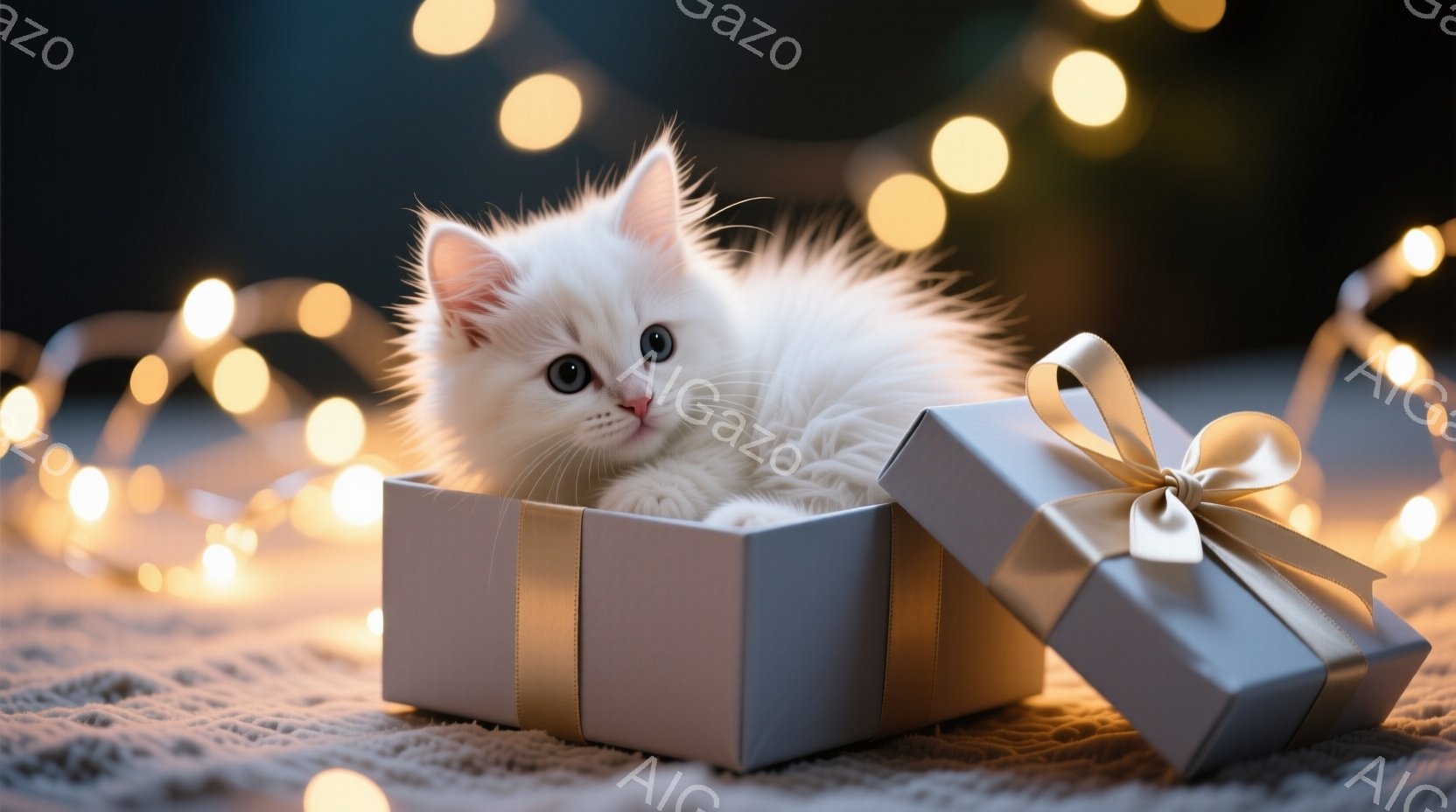 白い子猫がギフトボックスの中に丸まって座っており、好奇心と少し戸惑った表情で正面を見つめている。ギフトボックスは銀色で金色のリボンが結ばれており、柔らかい毛布の上に置かれている。背景にはぼやけた暖かい - AI生成フリー素材