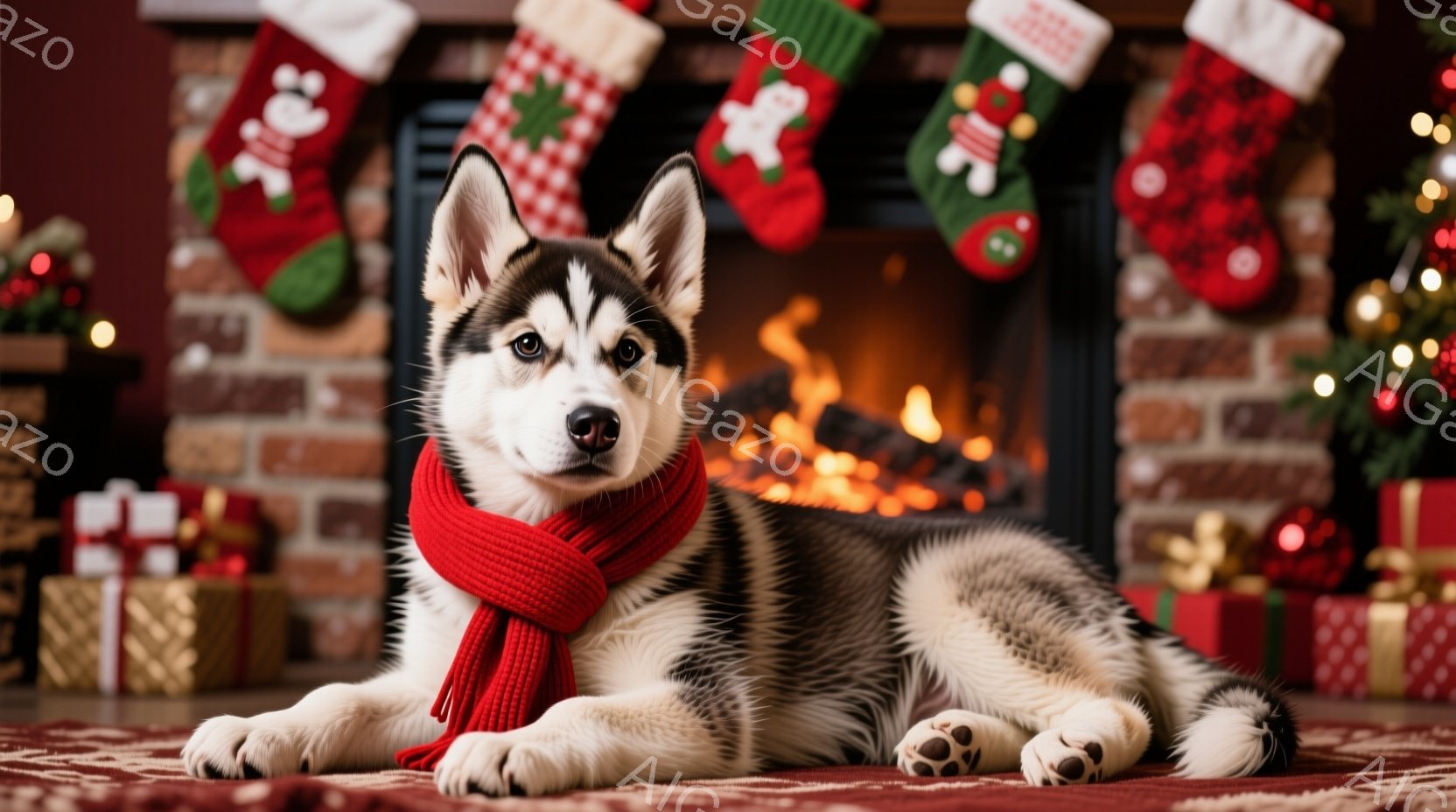 白黒のハスキーの子犬が、赤いマフラーを巻いて赤い絨毯の上に横たわっています。背景には暖炉があり、火が燃え、クリスマスソックスとプレゼントが並んでいます。全体的に温かく、お祝いの雰囲気が漂っています。 - AI生成フリー素材