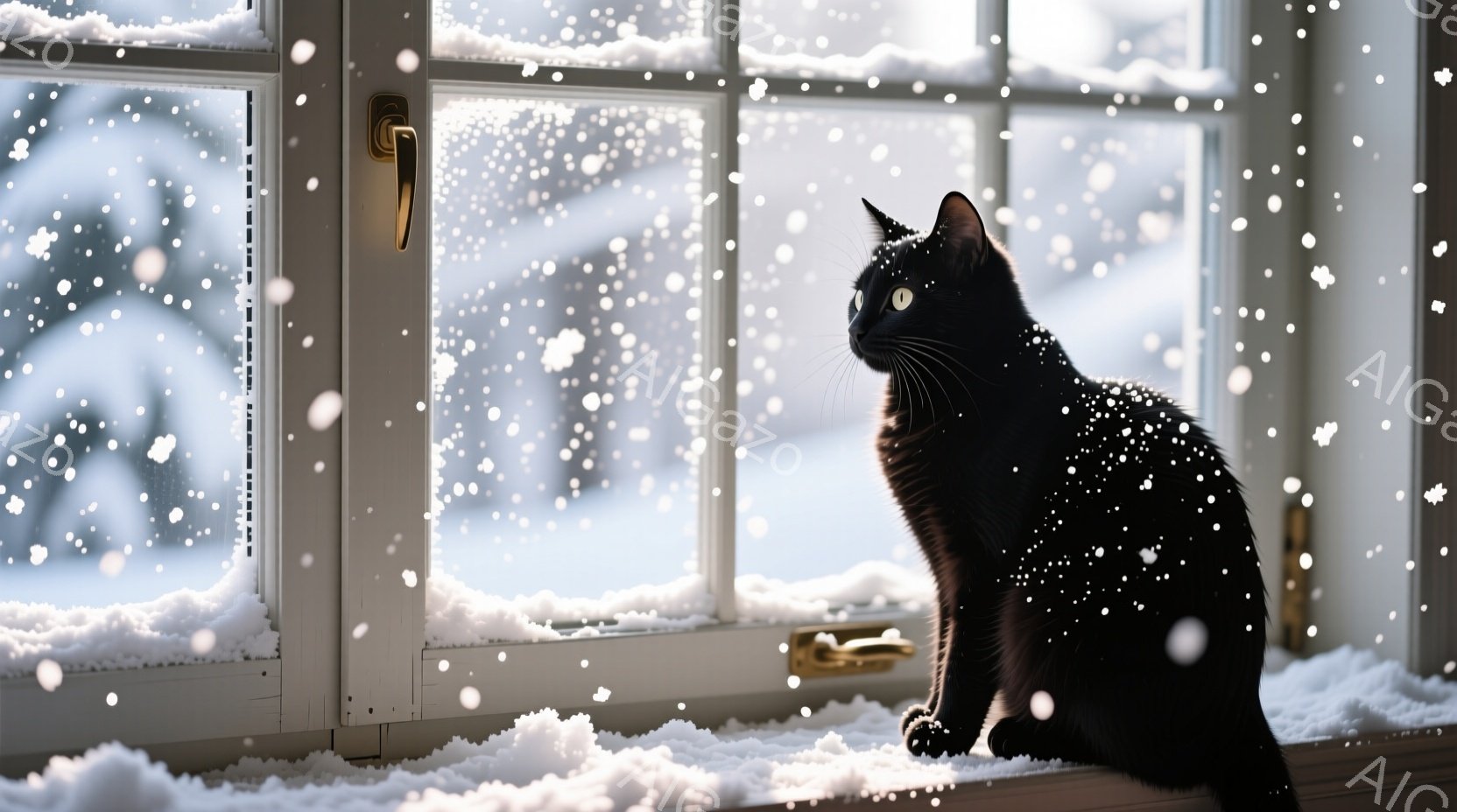 黒猫が窓辺に座り、雪景色を眺めている。窓枠には雪が積もり、外は一面の雪景色が広がり、穏やかな冬の雰囲気が漂っている。猫はリラックスした様子で、静かに雪が降る様子を見守っている。 - AI生成フリー素材