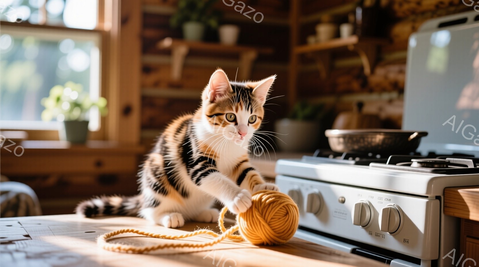 縞模様の小さな子猫が木製の台所のカウンターの上に座り、金色の毛糸玉を前足で叩いています。背景には白いガスコンロや植物が見え、日差しが差し込み温かい雰囲気です。全体的に遊び心があり、可愛らしい瞬間を捉え - AI生成フリー素材