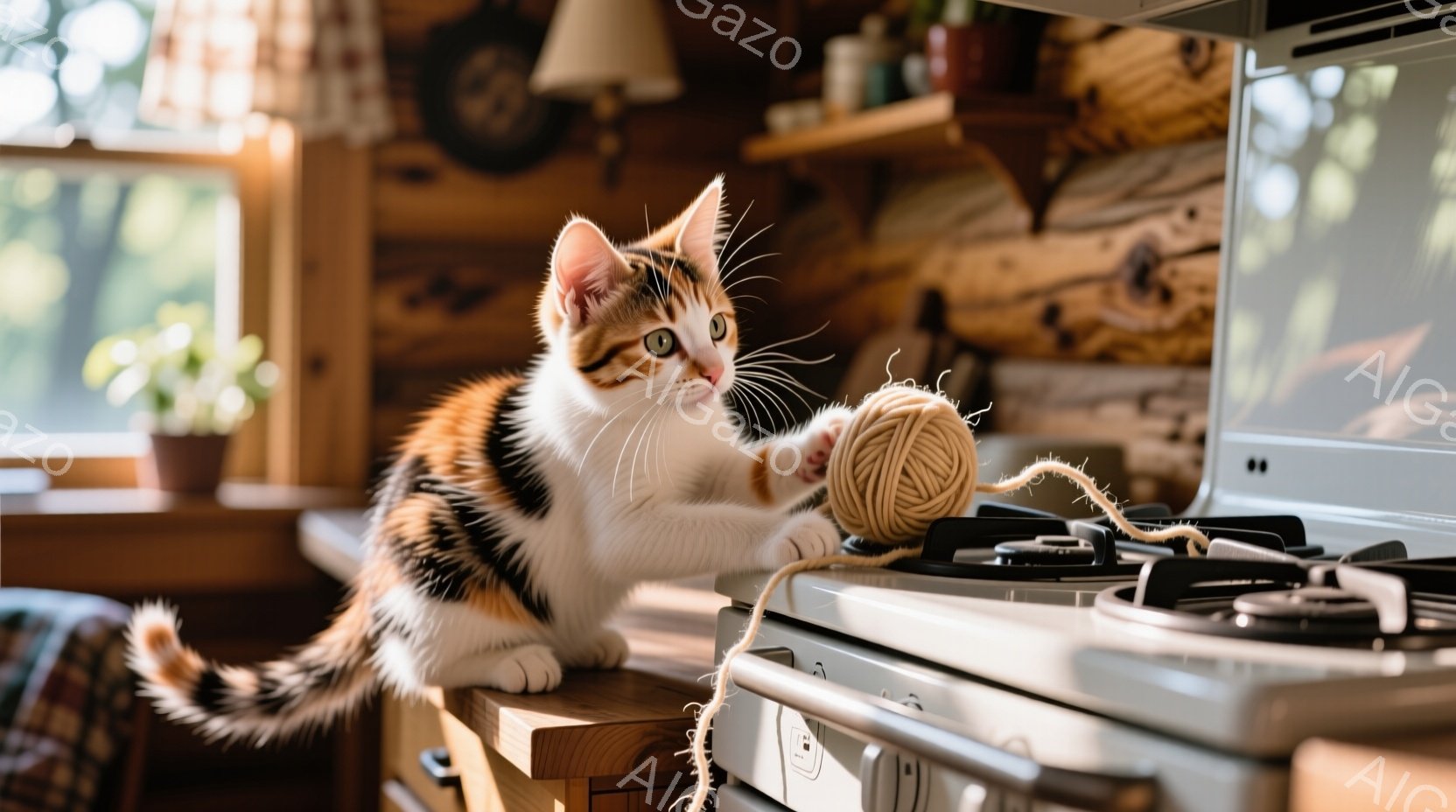 白と茶色のまだら模様の猫がキッチンカウンターの上に座り、遊び心いっぱいの表情で麻ひも玉を前足で叩いています。背景には木製のキャビネットや緑豊かな自然が見え、温かく居心地の良い家庭的な雰囲気が漂っています。光が差し込み、猫の毛並みを明るく照らし出しています。