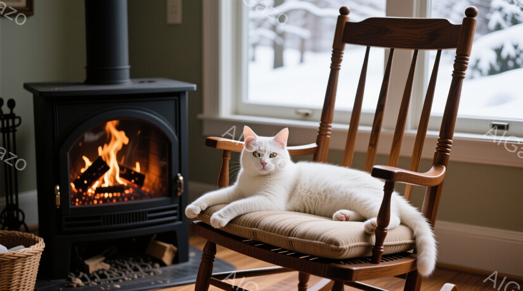 白い猫が、クッションの置かれたロッキングチェアにゆったりと横たわっている。暖炉の炎が暖かく部屋を照らし、背景の窓からは雪景色が見える、冬の穏やかな情景だ。猫の表情はどこか余裕があり、リラックスした雰囲 - AI生成フリー素材