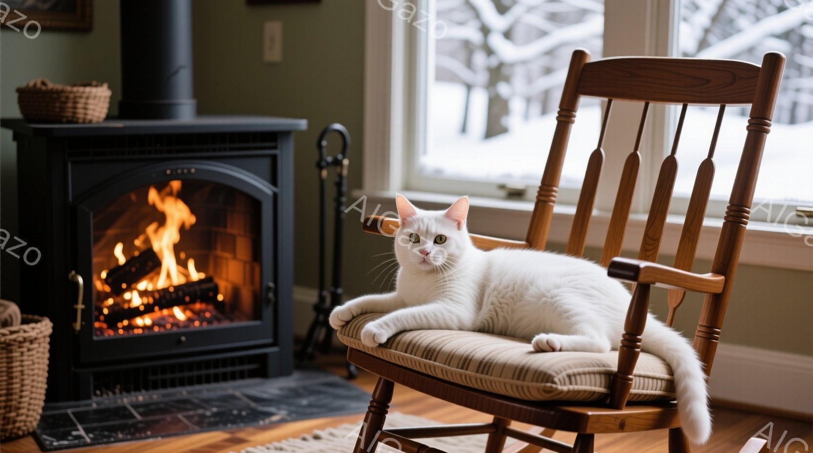 白い猫が、ベージュと茶色のストライプのクッションのあるロッキングチェアに横たわっている。暖炉が燃えており、外には雪景色が見え、温かく居心地の良い雰囲気が漂っている。猫はリラックスした表情で、まるで暖炉 - AI生成フリー素材