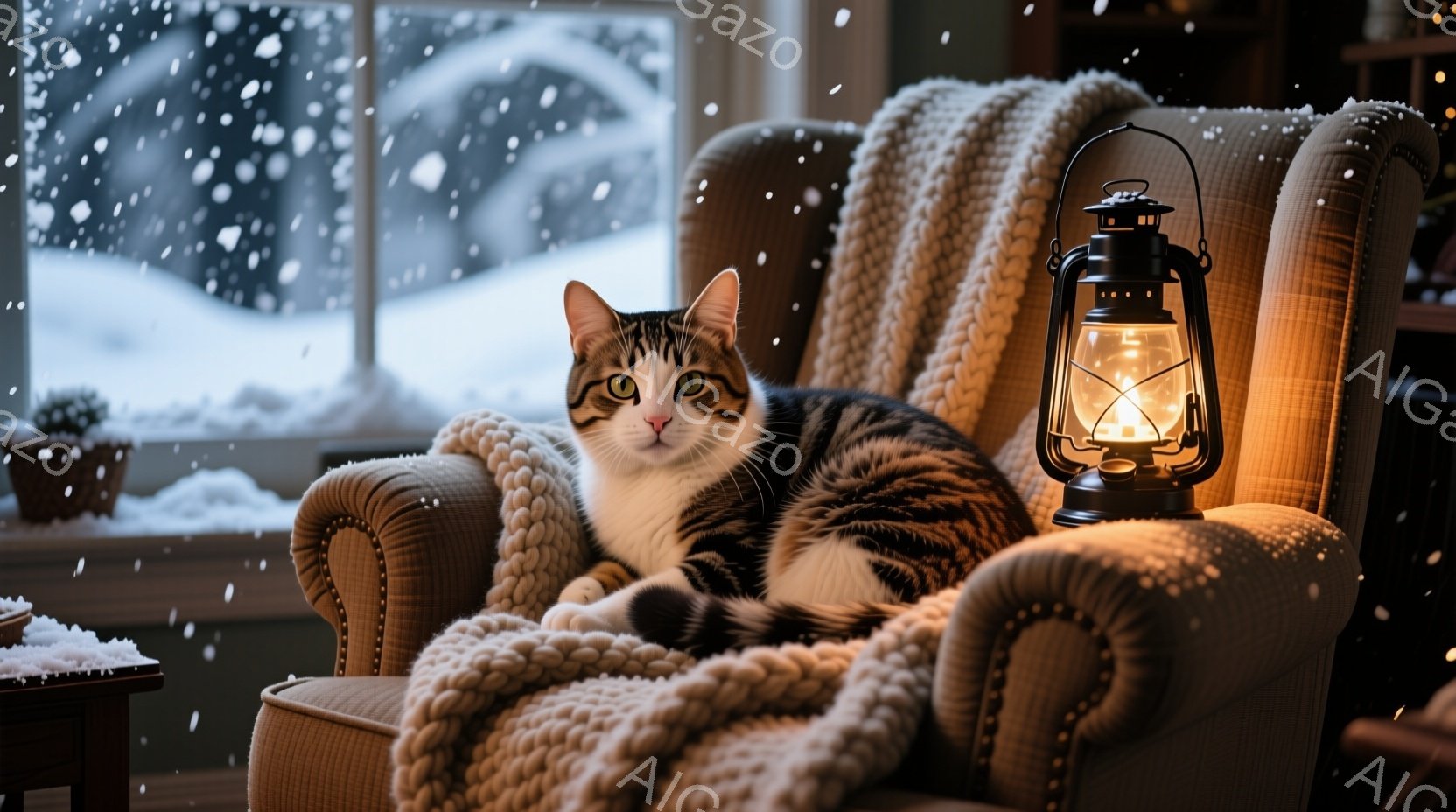 白と黒のまだら模様の猫が、暖炉のような濃い茶色の肘掛け椅子の座席にゆったりと座っています。椅子の周りには太い編み込みのオフホワイトの毛布がかけられており、窓の外には雪が降っています。部屋全体が暖かく、 - AI生成フリー素材