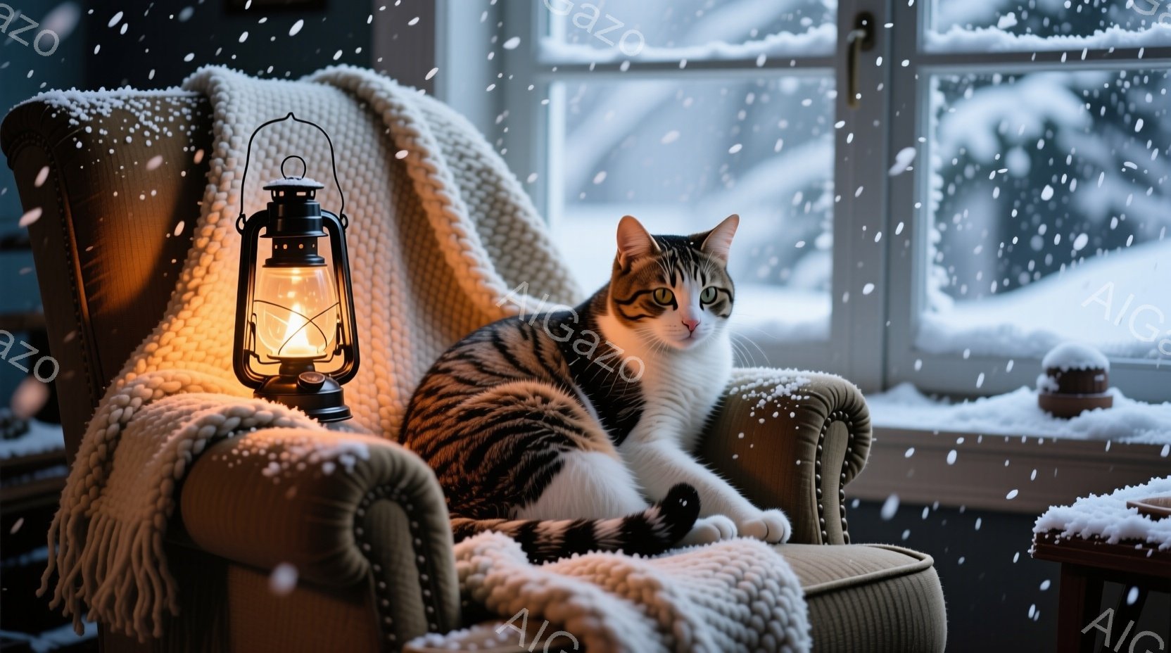 縞模様の猫が、クリーム色の肘掛け椅子の座席にゆったりと座っており、窓の外には雪が降っている。椅子の背もたれにはオフホワイトのニットブランケットがかけられ、暖かさを添えている。暖炉のような光を放つランタンが椅子の隣に置かれており、雪景色と相まって、静かで心地よい冬の雰囲気を醸し出している。