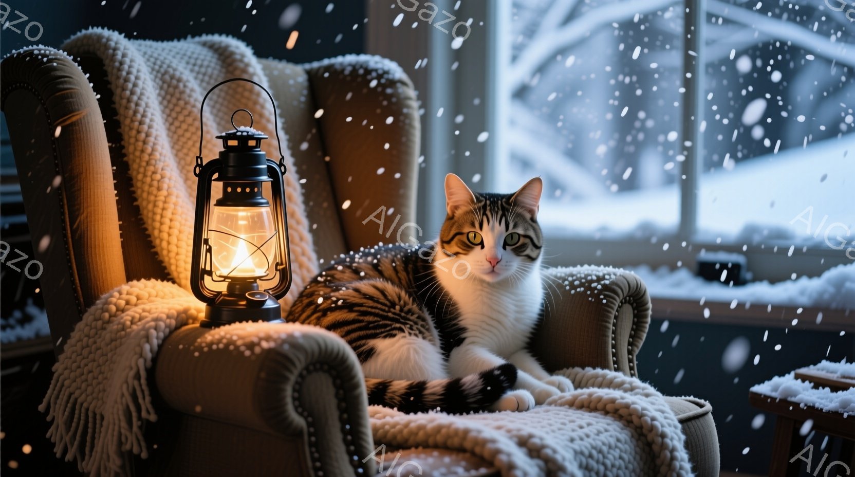 縞模様の猫が、暖かい茶色の肘掛け椅子にゆったりと横たわっています。背後には、雪景色が見える窓があり、暖炉の光が猫と椅子を照らし、温かく居心地の良い雰囲気を醸し出しています。傍らには、柔らかい光を放つオ - AI生成フリー素材