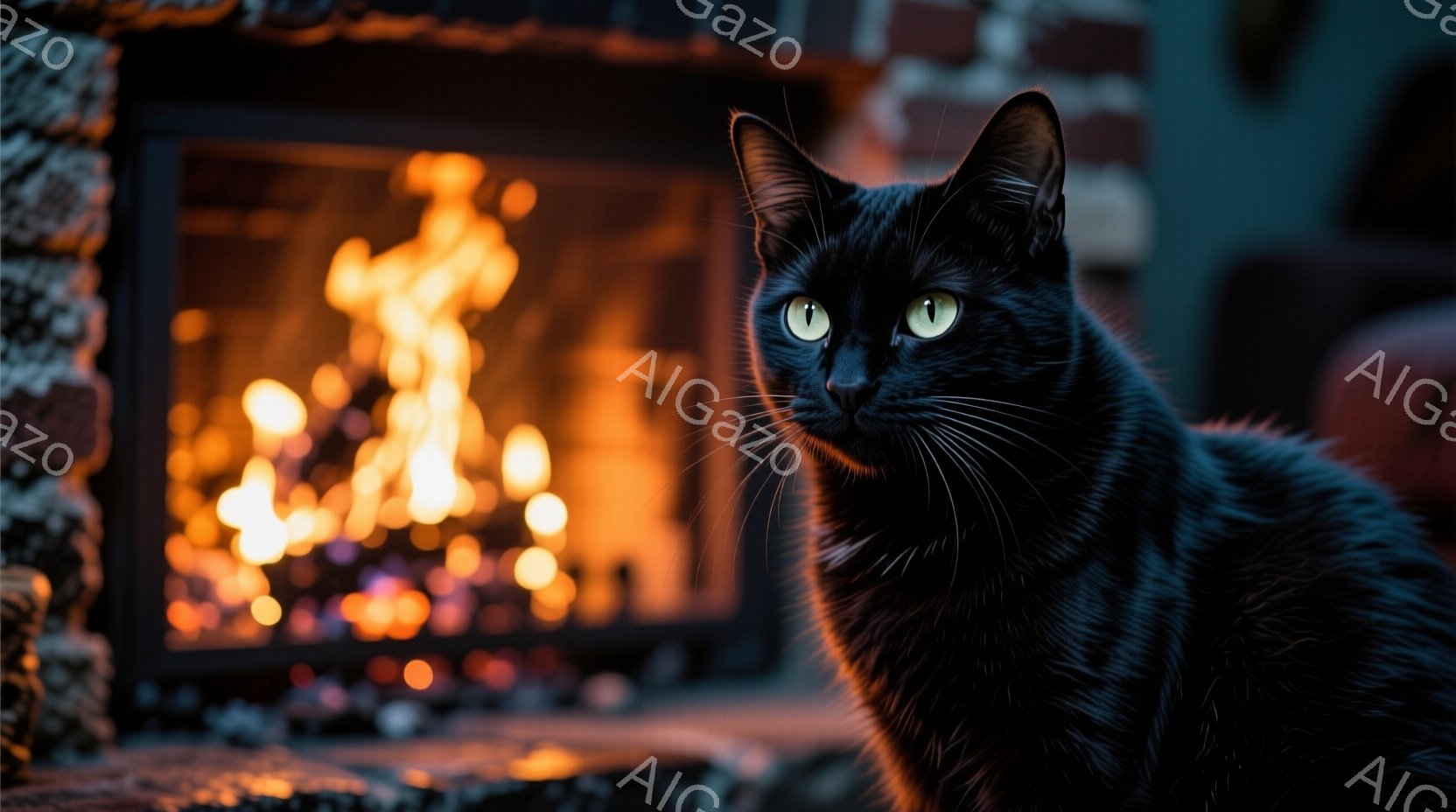 黒い猫が、暖炉の炎を背景に、正面を向いて座っている。猫の目は鮮やかな緑色で、表情はどこか余裕があり、毛並みは艶やかで美しい。暖炉の炎はオレンジ色と赤色のグラデーションで、猫の黒い毛並みとのコントラスト - AI生成フリー素材