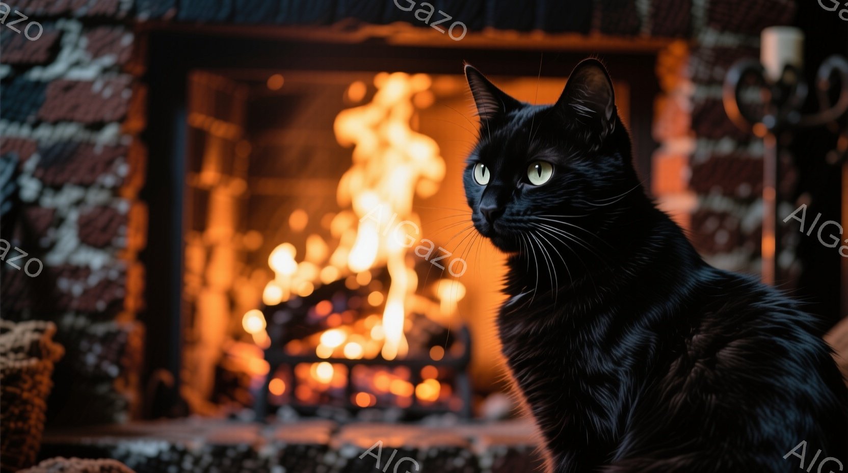 黒い毛並みの猫が、落ち着いた表情でこちらを見つめている。背景には暖炉の炎が燃え盛り、部屋全体をオレンジ色の光で照らしている。猫の瞳は鮮やかな緑色で、そのコントラストが印象的だ。
