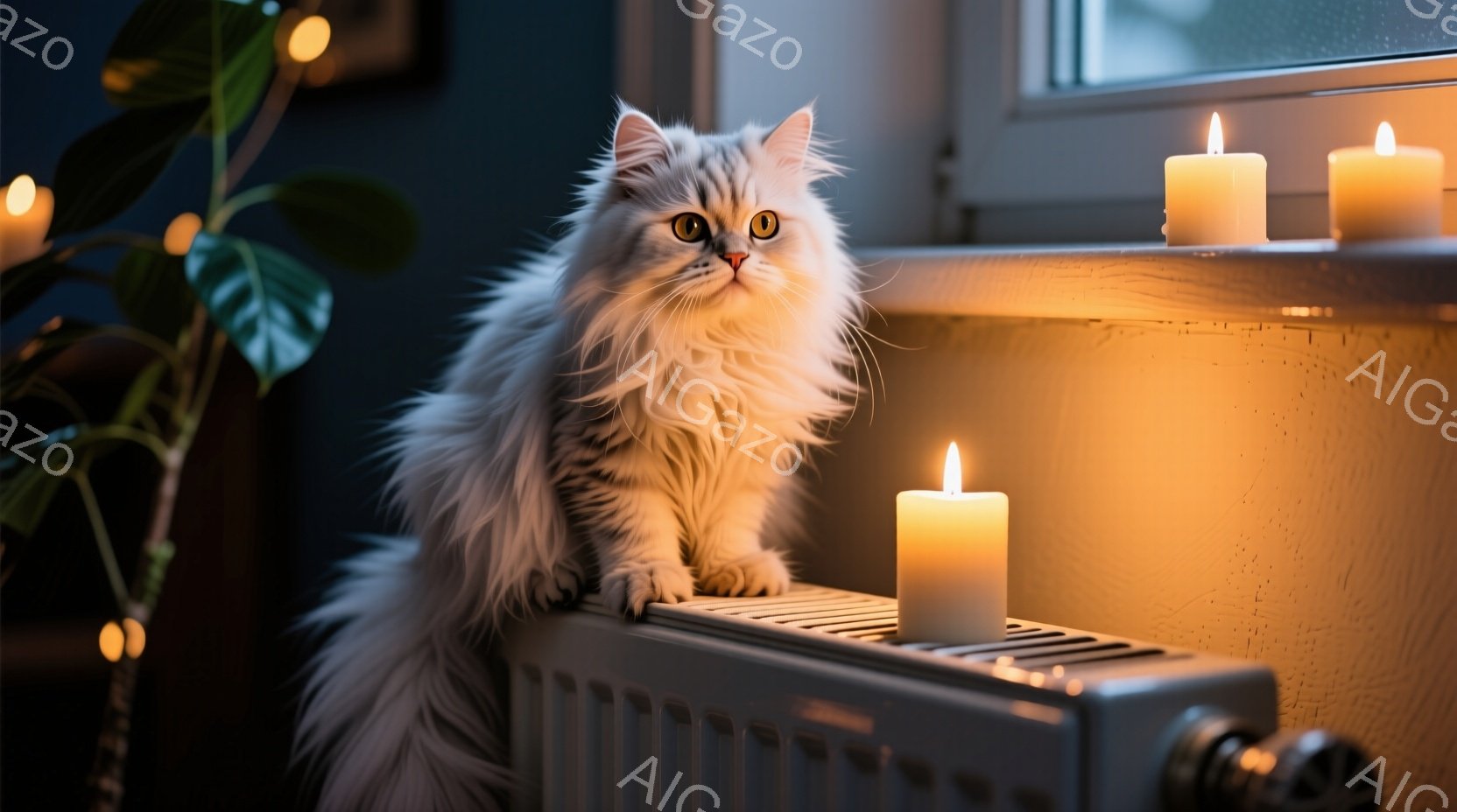 長毛の白い猫が、暖房器具の上でリラックスして座っています。周りには数本の火の灯ったキャンドルが配置され、暖かく柔らかな光が猫を照らしています。背景は暗く、窓の外はぼやけており、静かで落ち着いた雰囲気を - AI生成フリー素材