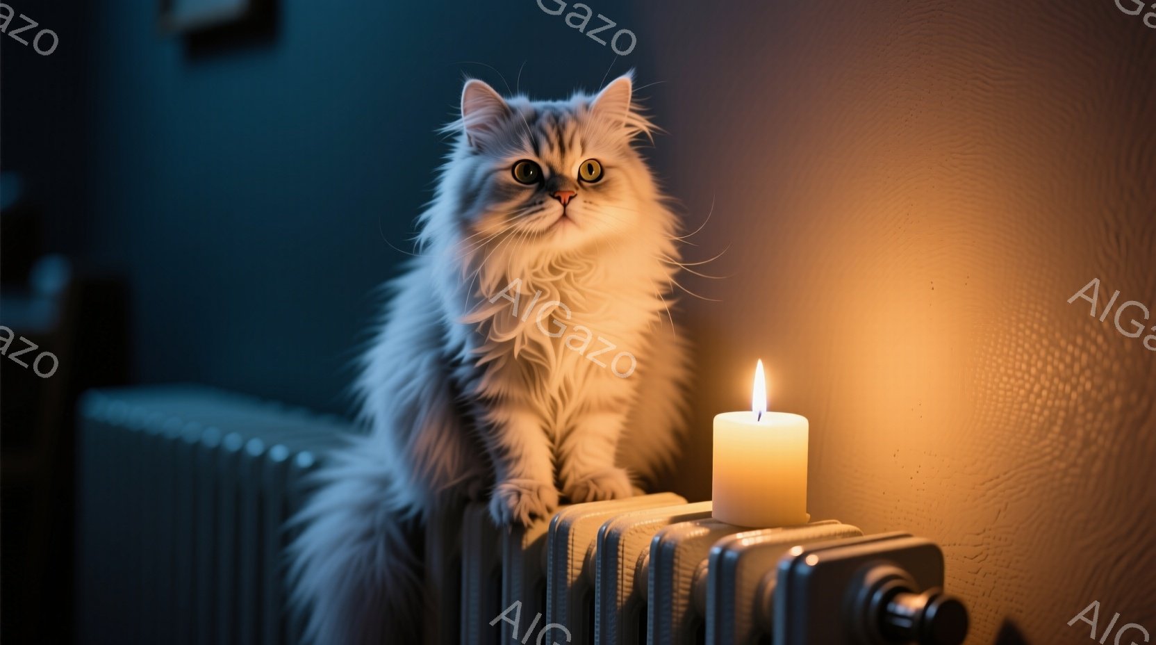 長毛の白い猫が、古びた暖房ラジエーターの上に座ってこちらを見つめている。猫の瞳は大きく、鋭い光を放っており、やや警戒しているような表情をしている。背景は暗い壁で、暖房ラジエーターの隣には灯りのついたキャンドルが置かれ、猫を暖かく照らし出している。