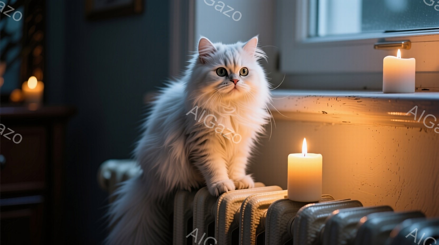 白い長毛の猫が、暖房器具の上で優雅に座っています。猫はカメラ目線で、少し警戒した表情を浮かべており、そのふわふわの毛並みが印象的です。背景には、点灯したキャンドルが灯り、暖かく穏やかな雰囲気を醸し出し - AI生成フリー素材