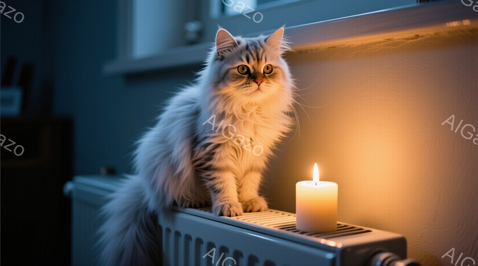 長毛の灰色の猫が、暖房器具の上で落ち着いて座っています。猫の目は金色に輝き、穏やかな表情で何かを見つめています。暖房器具の横には白い蝋燭が灯っており、猫と暖房器具をオレンジ色の光で照らし出し、静かで温 - AI生成フリー素材