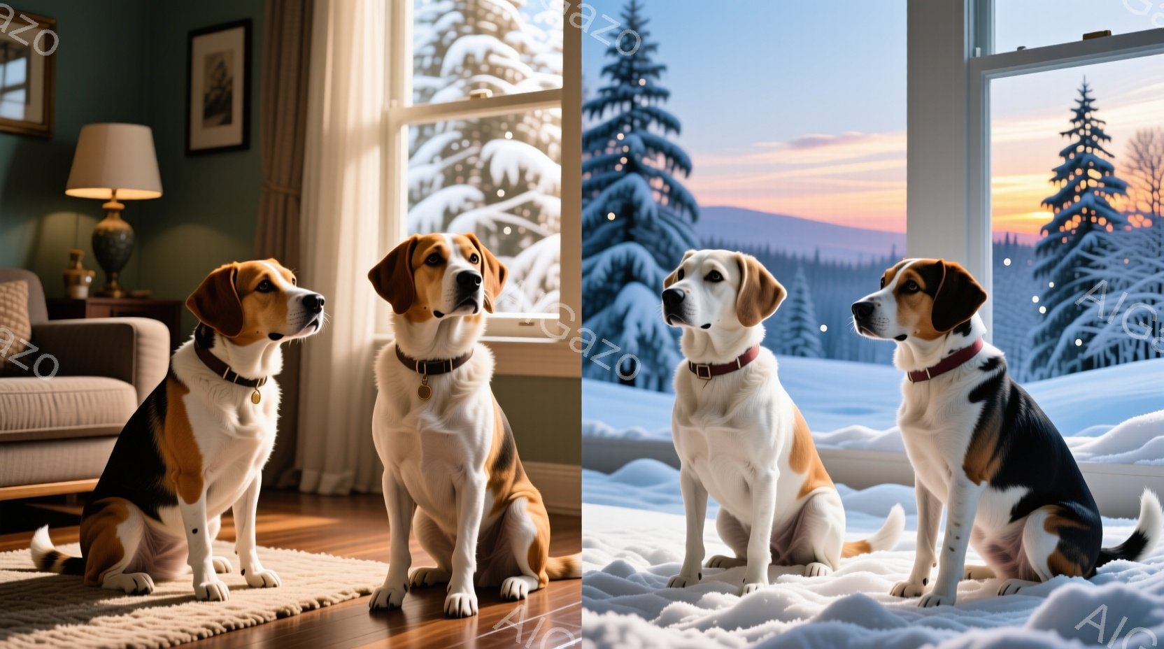 二匹のビーグル犬が、それぞれ異なる背景の前で座っています。一匹は温かいリビングルームで、木製の床と暖炉が見え、もう一匹は雪景色が広がる窓の前で、降り積もる雪の中にいます。どちらの犬も赤い首輪をつけ、前方をまっすぐ見つめており、穏やかで落ち着いた雰囲気が漂っています。