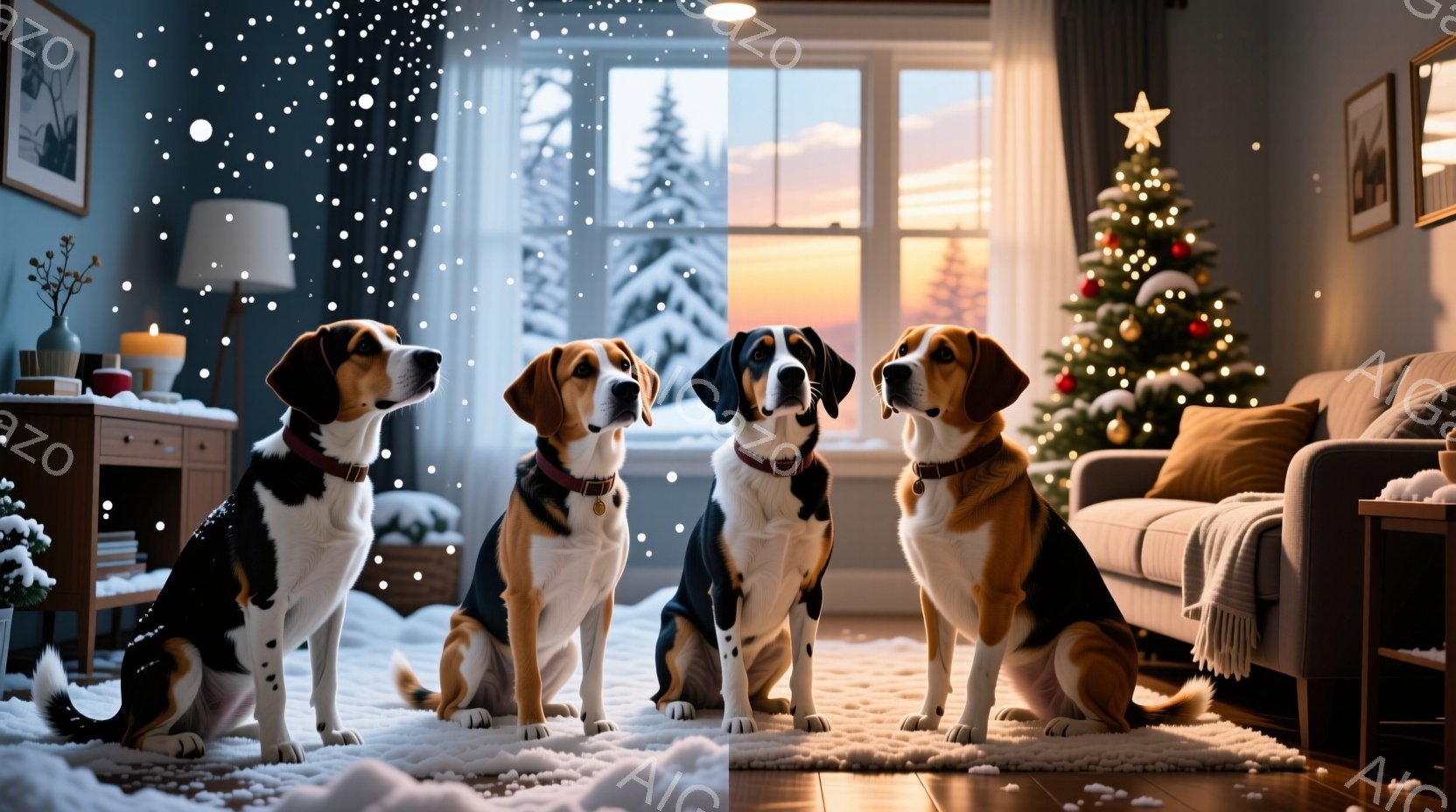 暖炉のある居間に、４匹のビーグル犬が整列して座っています。犬たちはそれぞれ赤い首輪をつけており、落ち着いた表情で正面を見つめています。背景には雪景色が見える大きな窓と、装飾されたクリスマスツリーがあり - AI生成フリー素材