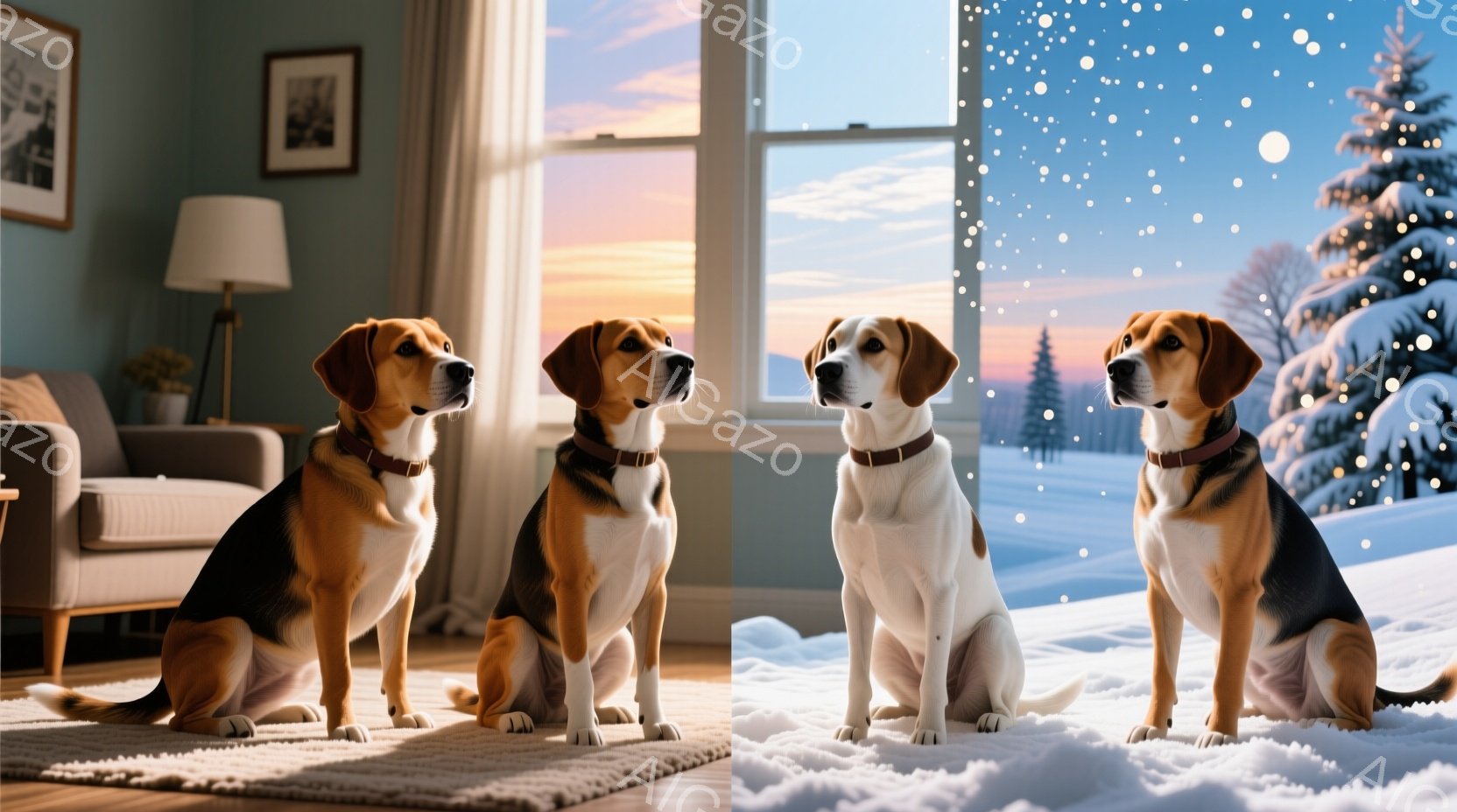 窓辺に座る3匹のビーグル犬が写っています。彼らは皆、茶色と白の毛並みで、首輪をつけており、遠くを見つめています。背景には、雪景色が広がり、夕焼け空と雪の積もった木々が、静かで穏やかな冬の雰囲気を醸し出 - AI生成フリー素材
