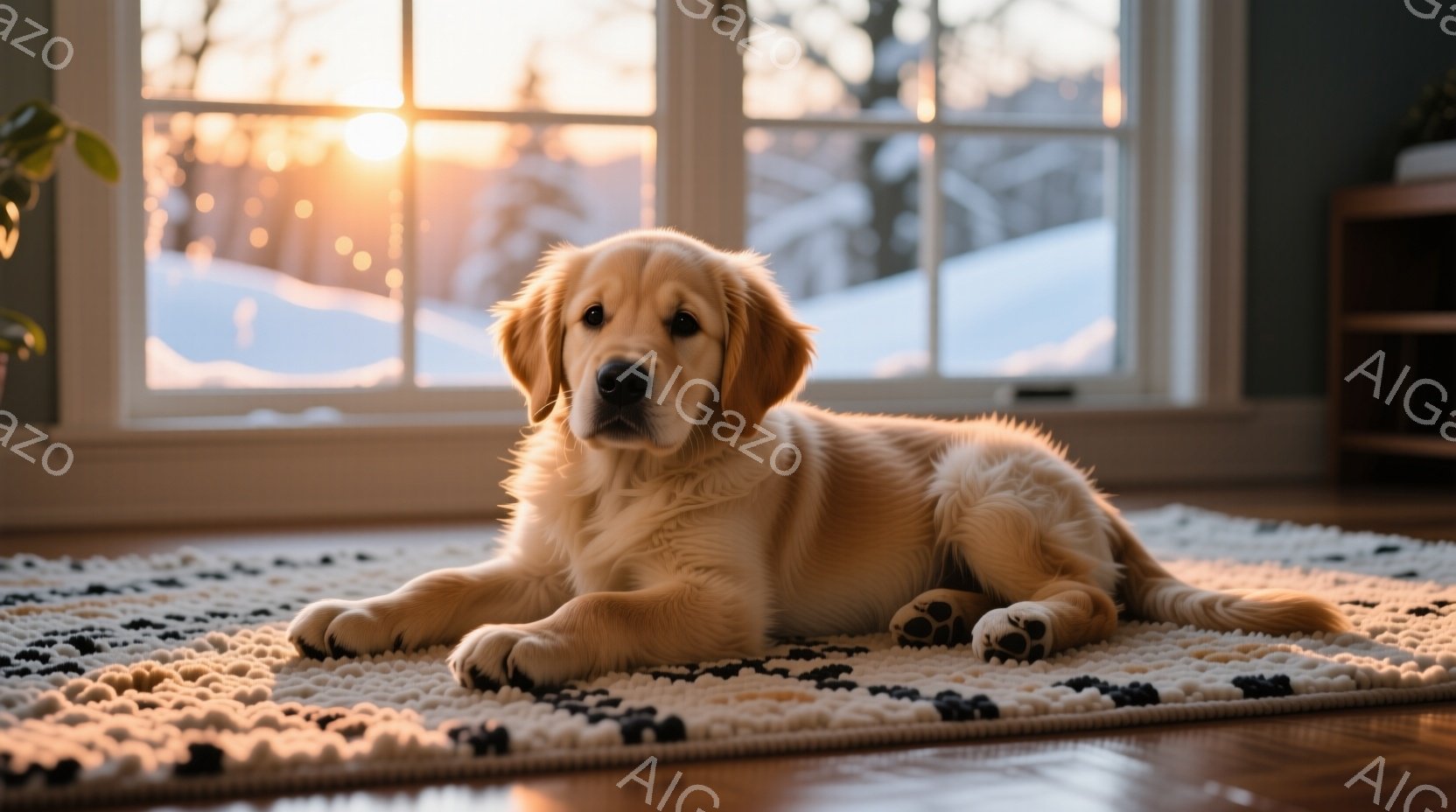 ゴールデンレトリバーの子犬が、オフホワイトと黒の幾何学模様のラグの上に横たわっています。背景には雪景色が見える大きな窓があり、夕焼けのような暖かい光が差し込んでいます。子犬はリラックスした様子で、穏や - AI生成フリー素材