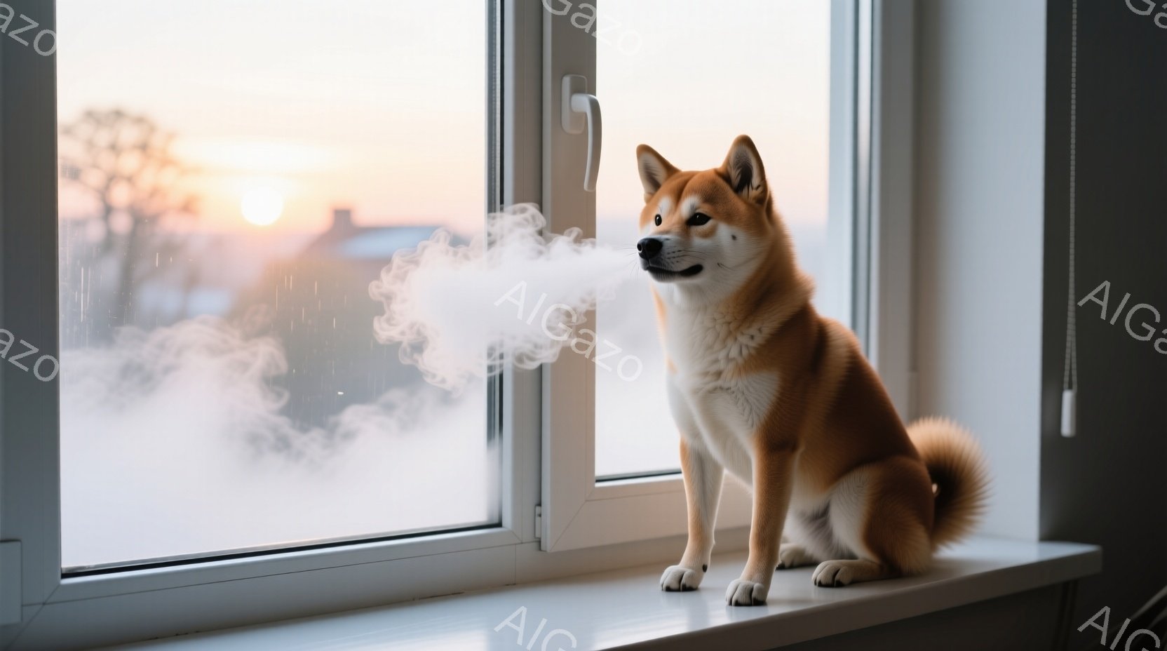 柴犬が窓辺に座り、息を吐いて白い蒸気を吹き出している。窓の外には夕焼けが見え、遠くの建物がシルエットとして浮かび、冬の冷たい空気と暖かな光が対照的である。犬はリラックスした表情で、穏やかで静かな雰囲気 - AI生成フリー素材