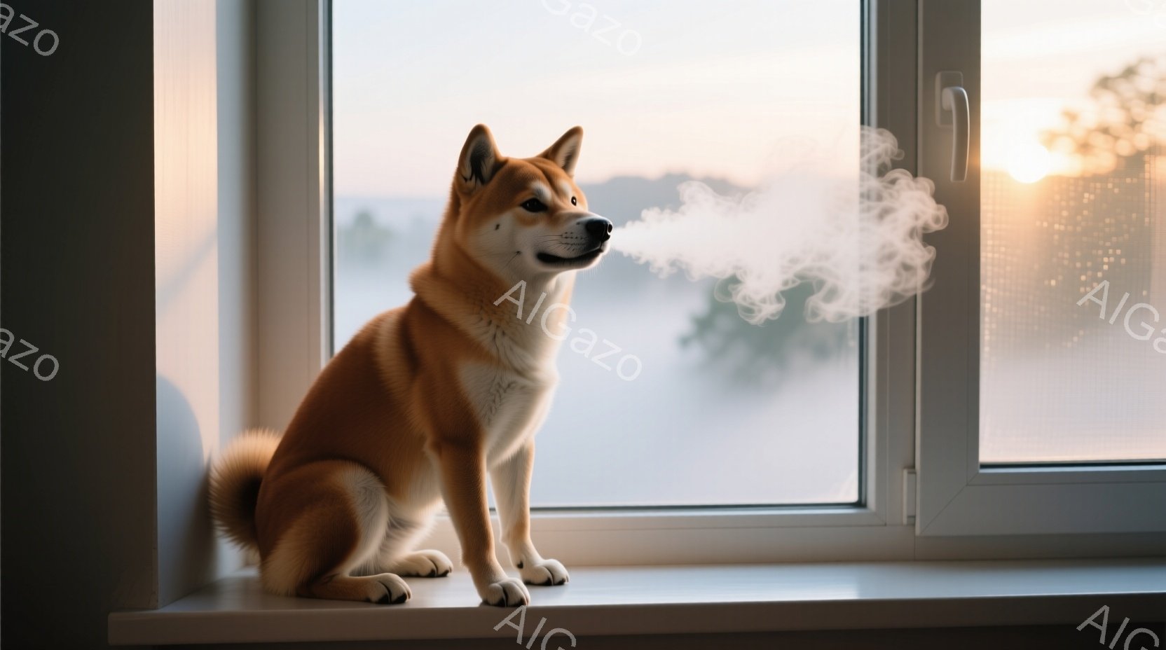 柴犬が窓枠に座り、口から白い息を吐き出している。背景はぼやけた緑の丘と、日の出または日没のオレンジ色の空が広がっており、冷たい冬の朝または夕方の静かな雰囲気を醸し出している。犬はリラックスした様子で、穏やかな表情で外を見つめている。