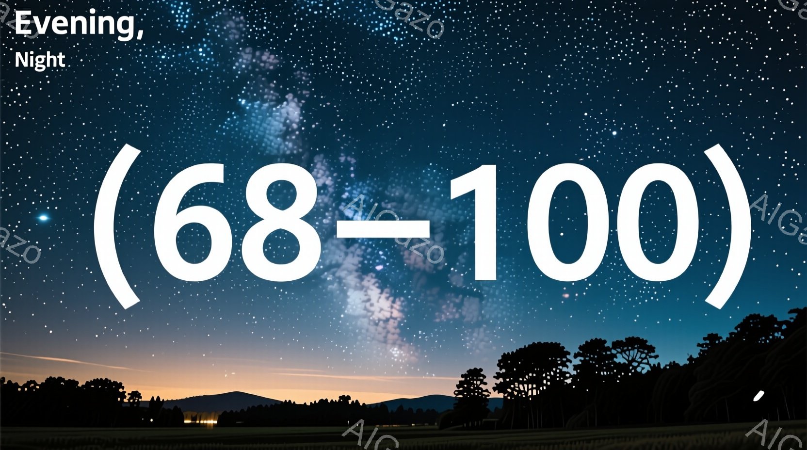 夜空には無数の星が輝き、天の川がはっきりと見えている。地平線付近には、街の明かりと、遠くの山並みがぼんやりと見える。手前の暗いシルエットは木々であり、静かで神秘的な夜の雰囲気を醸し出している。 - AI生成フリー素材