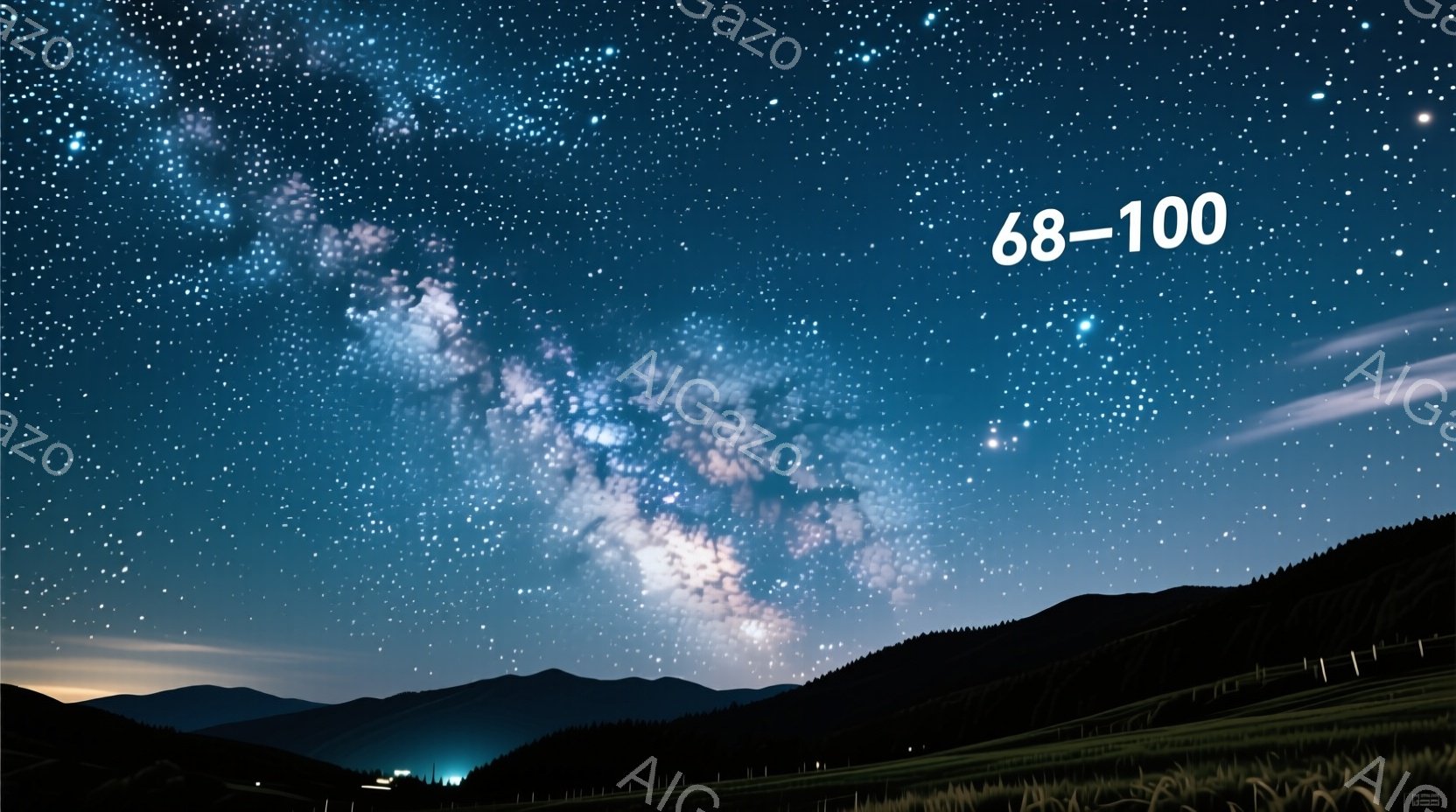 濃い藍色の夜空には、天の川が壮大に広がっており、無数の星々が輝いている。地平線には、暗いシルエットで山々が連なり、その麓にはわずかな明かりが見える牧草地が広がっている。全体的に静寂で神秘的な雰囲気が漂 - AI生成フリー素材