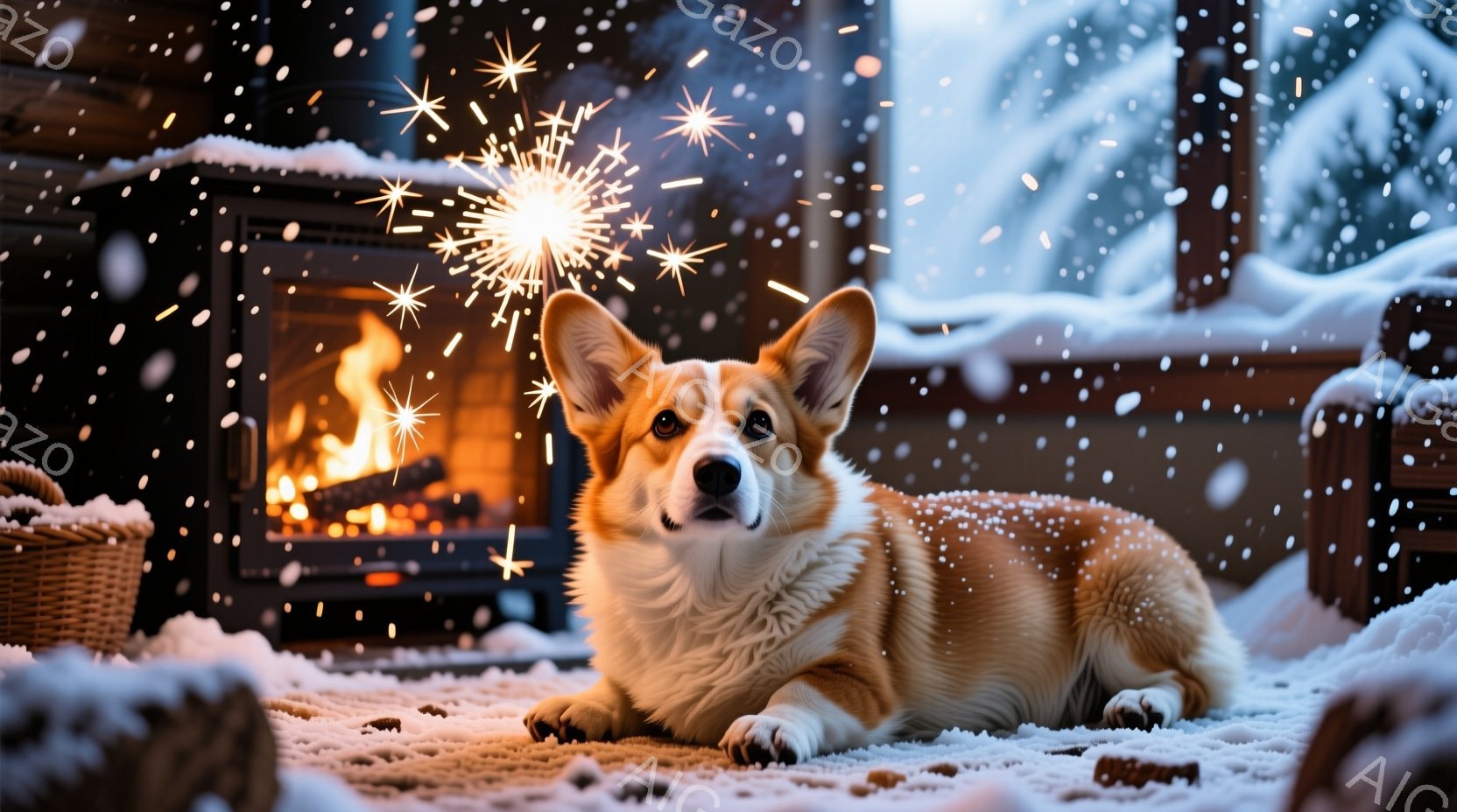 暖炉の前に横たわるコーギー犬が写っています。雪がちらつく窓の外には、雪に覆われた木々と暗い冬の風景が見えます。室内は温かく、柔らかいラグの上に犬がリラックスした様子で、全体的に穏やかで心地よい雰囲気を - AI生成フリー素材