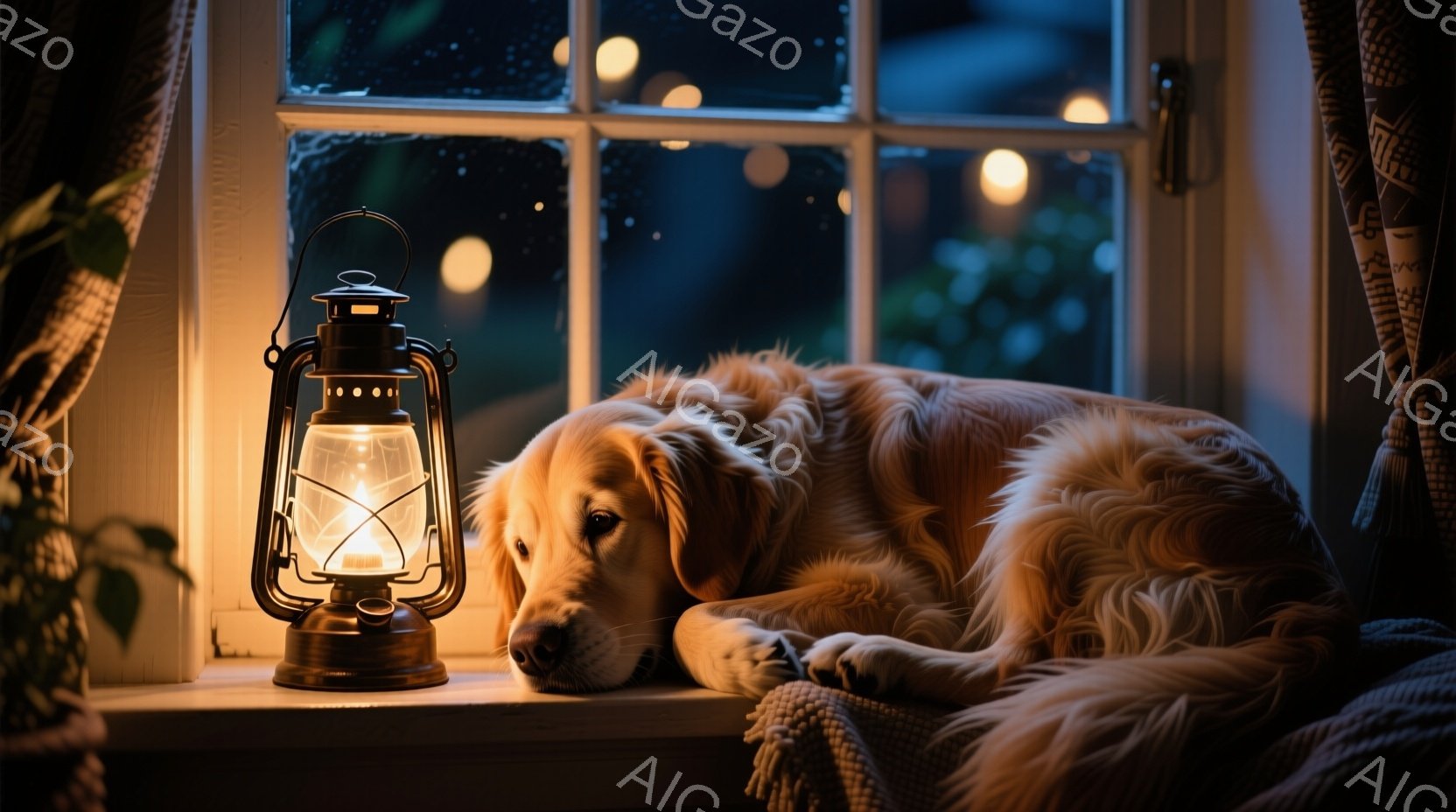 金色のレトリバーが窓辺でリラックスして横たわっており、その隣には点灯した古いランタンが置かれている。窓の外は暗く、ぼやけた光の点が雨粒のように見える夜景が広がっている。全体的に暖かく、静かで、落ち着い - AI生成フリー素材