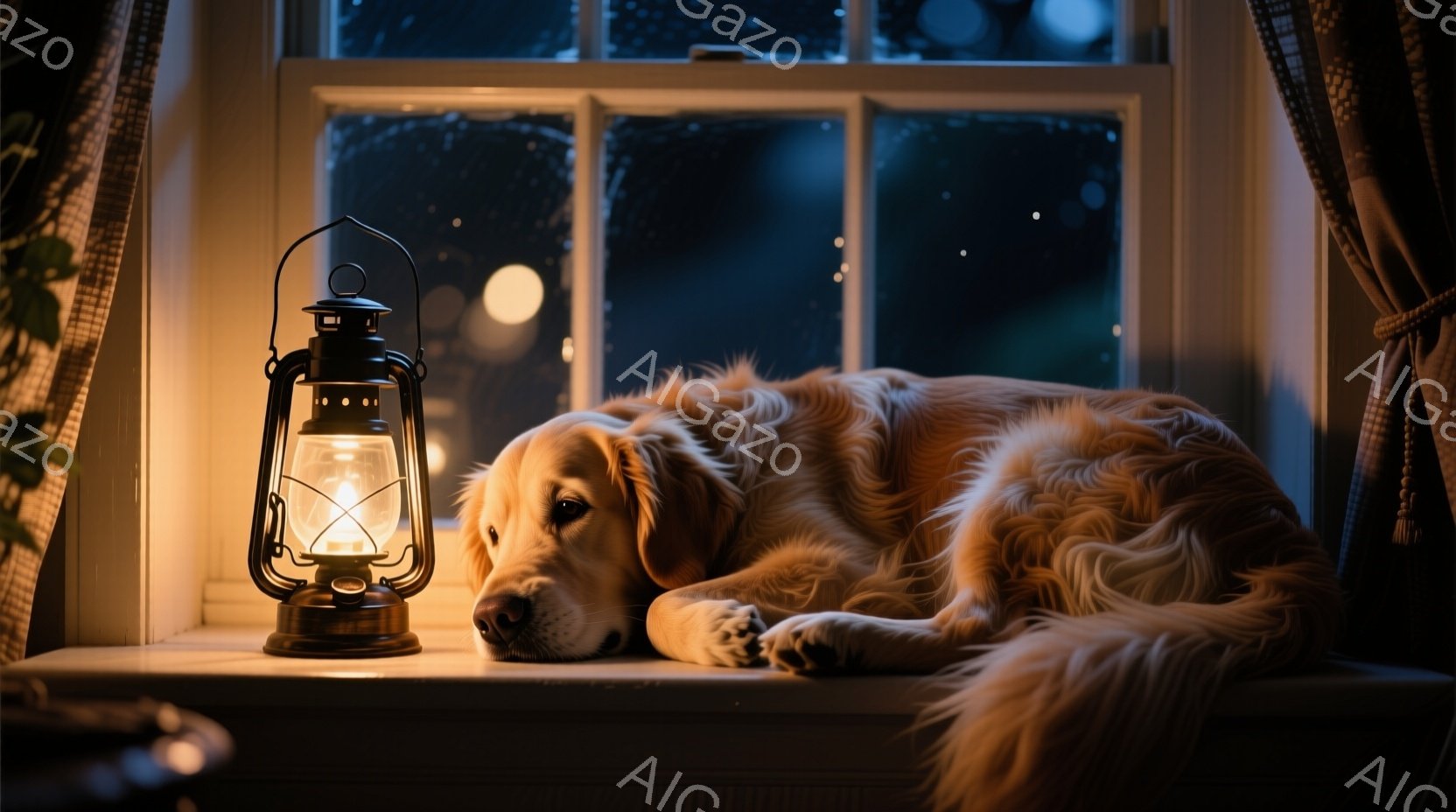 窓辺にゴールデンレトリバーが横たわり、落ち着いた表情で遠くを見つめている。そばには灯りが灯ったランタンが置かれ、暖かく柔らかな光を投げかけている。背景は暗く雨が降っているようで、室内とのコントラストが - AI生成フリー素材