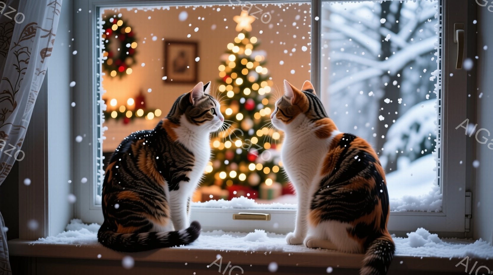窓辺に二匹の猫が向かい合って座っており、互いにじっと見つめ合っています。背景にはクリスマスツリーが飾られており、窓の外は雪景色で、暖かく穏やかな冬の雰囲気が漂っています。窓枠には雪が積もり、部屋のカー - AI生成フリー素材