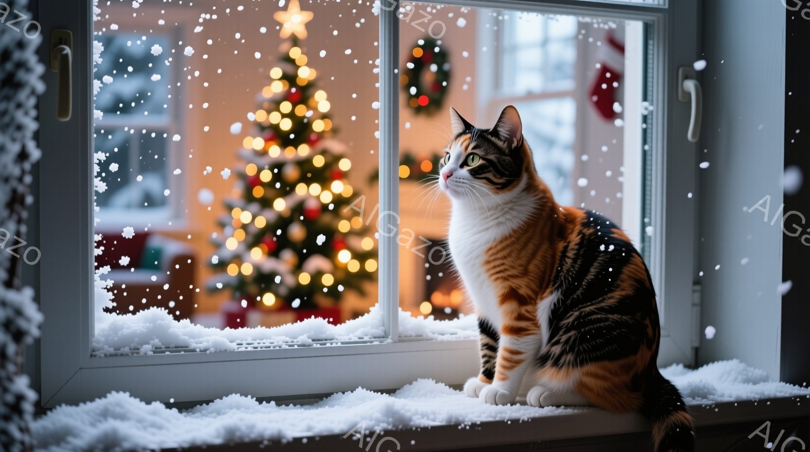 白い窓枠にオレンジと黒の模様の猫が座り、外を眺めている。背景には、キラキラと輝くクリスマスツリーと、雪が舞う冬の景色が広がり、暖かい光が猫を照らしている。穏やかで心地よい、冬の温かさを感じる雰囲気であ - AI生成フリー素材