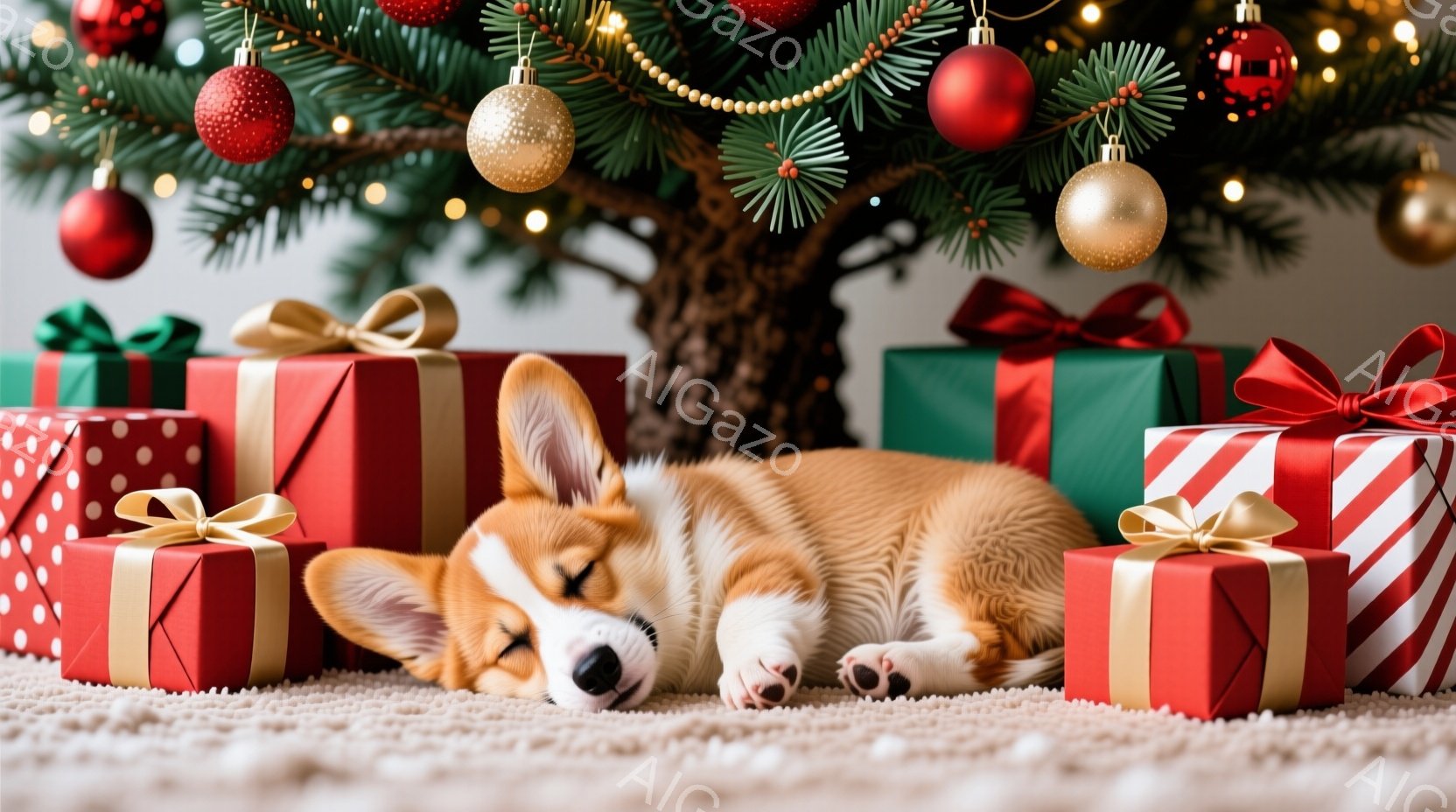 暖炉の前に置かれたクリスマスツリーの下で、コーギーの子犬が眠っています。子犬は、赤いストライプと水玉模様のギフトボックスに囲まれ、リラックスした姿勢で横たわり、可愛らしい表情をしています。背景には緑豊 - AI生成フリー素材