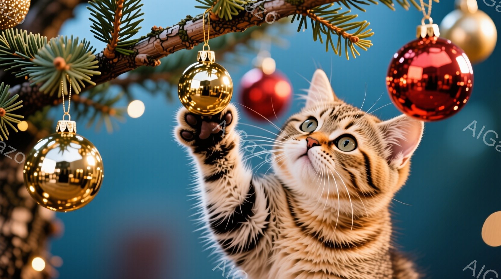 茶トラの小さな子猫がクリスマスツリーの枝に手を伸ばし、キラキラと輝くオーナメントに興味津々な表情をしています。背景にはぼやけた緑色の葉と、金色と赤色の丸いオーナメントが散りばめられ、温かく楽しいクリス - AI生成フリー素材