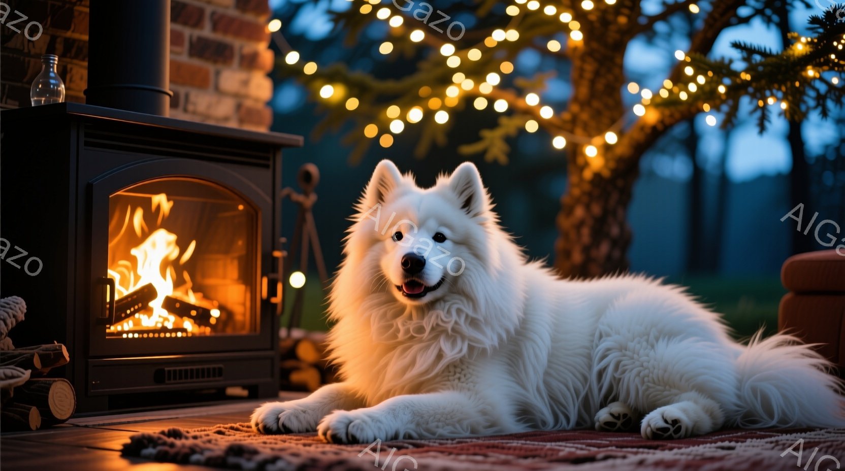 白くふわふわの大型犬が、暖炉の前にあるカラフルなラグの上で横たわっています。暖炉の中では炎が燃え盛り、犬を暖かく照らし出しています。背景には暗い木々と、暖かい光を放つたくさんの電飾が見え、冬の夜の穏やかな雰囲気を醸し出しています。