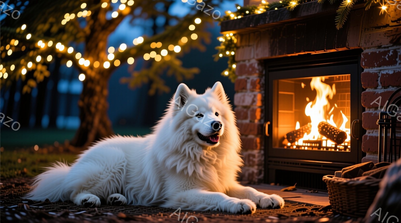 白い毛並みの大型犬が、レンガ造りの暖炉の前に横たわっています。犬は穏やかな表情でカメラを見つめており、背景には薄暗い庭と輝くクリスマスライトが見えます。暖炉の中では炎が燃え盛っており、温かく居心地の良い雰囲気を醸し出しています。