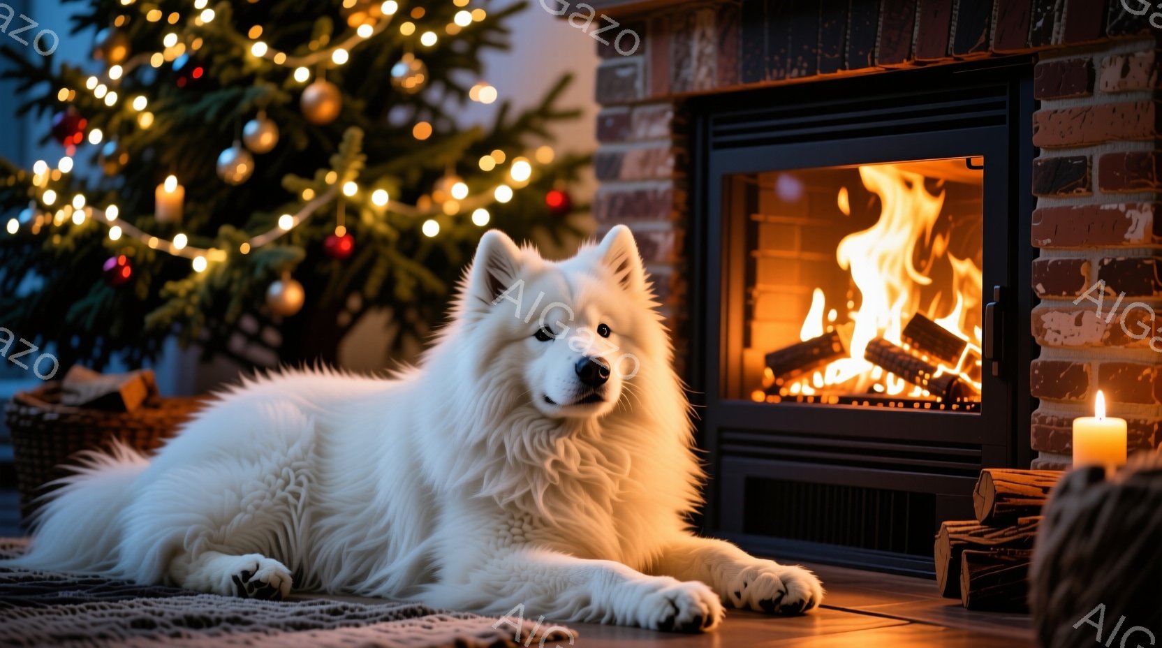 白い毛並みの大型犬が、暖炉の前にある敷物の上でリラックスして横たわっています。暖炉の中では炎が燃え盛り、暖かく優しい光を周囲に投げかけています。背景にはクリスマスツリーが飾られ、温かく穏やかな冬の雰囲 - AI生成フリー素材