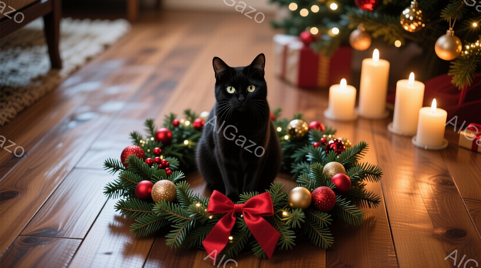 真っ黒な猫がクリスマスリースの中に座っており、緑の葉と赤いオーナメント、赤いリボンで飾られています。背景には、点灯されたキャンドルと、ぼやけたクリスマスツリーの飾りが見え、暖かくお祝いの雰囲気です。猫 - AI生成フリー素材