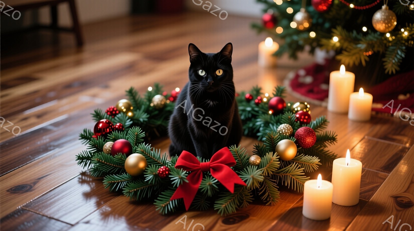黒い猫が、クリスマスリースに囲まれて床に座っています。猫はまっすぐ前を見据え、少し好奇心と落ち着きをたたえた表情をしています。背景にはクリスマスツリーの光がぼんやりと見え、温かく穏やかな雰囲気を作り出 - AI生成フリー素材
