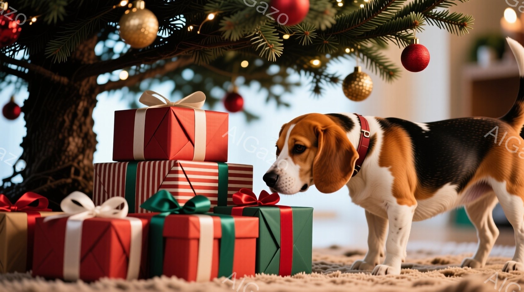 クリスマスツリーの足元に、赤や緑の包装紙で包まれたプレゼントの山が積まれています。ビーグル犬が鼻を近づけてプレゼントを嗅ぎ、興味津々な表情をしています。背景は暖かく、お祝いムードに満ちた室内で、クリス - AI生成フリー素材