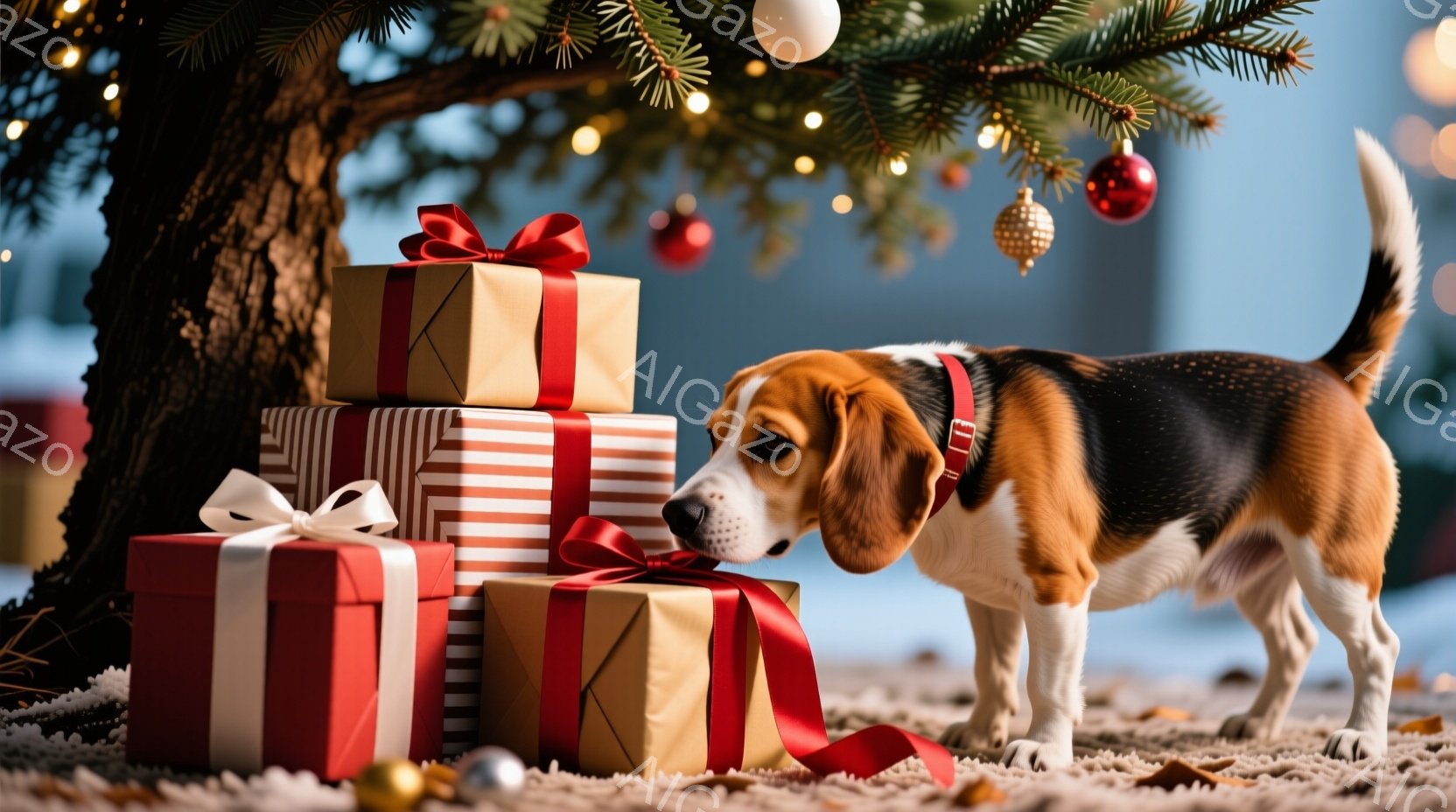 クリスマスツリーの足元にプレゼントの山が積み上げられ、ビーグル犬が鼻を近づけて匂いを嗅いでいます。犬は赤と白の首輪を付けており、興味津々な表情でプレゼントを調べている様子です。背景はぼやけたクリスマス - AI生成フリー素材