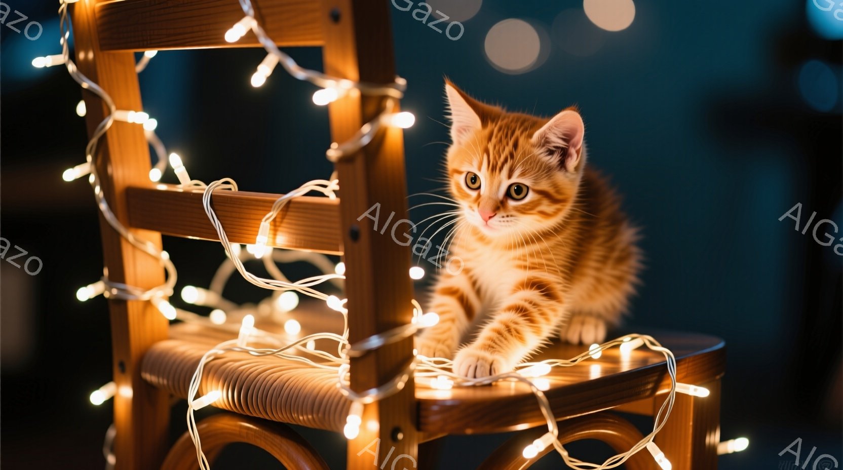 明るい色のストリングライトに囲まれた木製の椅子の上で、オレンジと白の縞模様の小さな子猫が座っています。子猫は前足を伸ばし、好奇心と遊び心のある表情でカメラを見つめています。背景はぼやけており、暖かく心 - AI生成フリー素材
