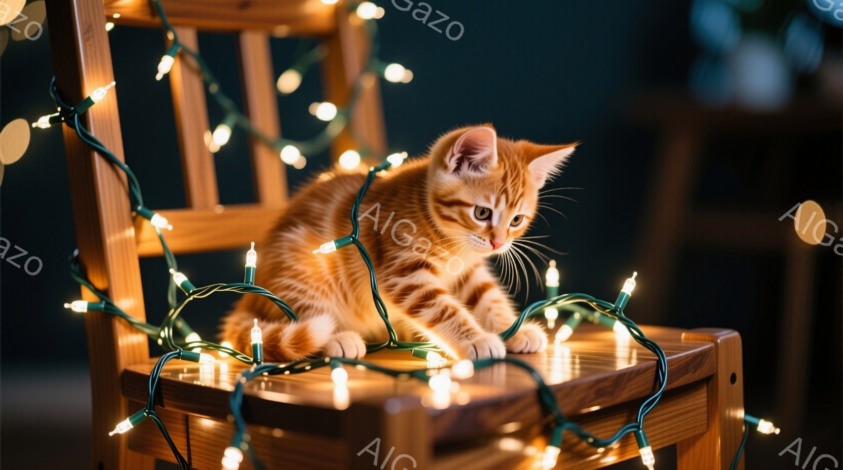 オレンジ色のキティが木製の椅子に座り、クリスマスライトに囲まれています。その表情は少し警戒しているようで、ライトに手を伸ばそうとしています。背景は暗くぼやけており、ライトが暖かく輝き、全体的に穏やかで - AI生成フリー素材