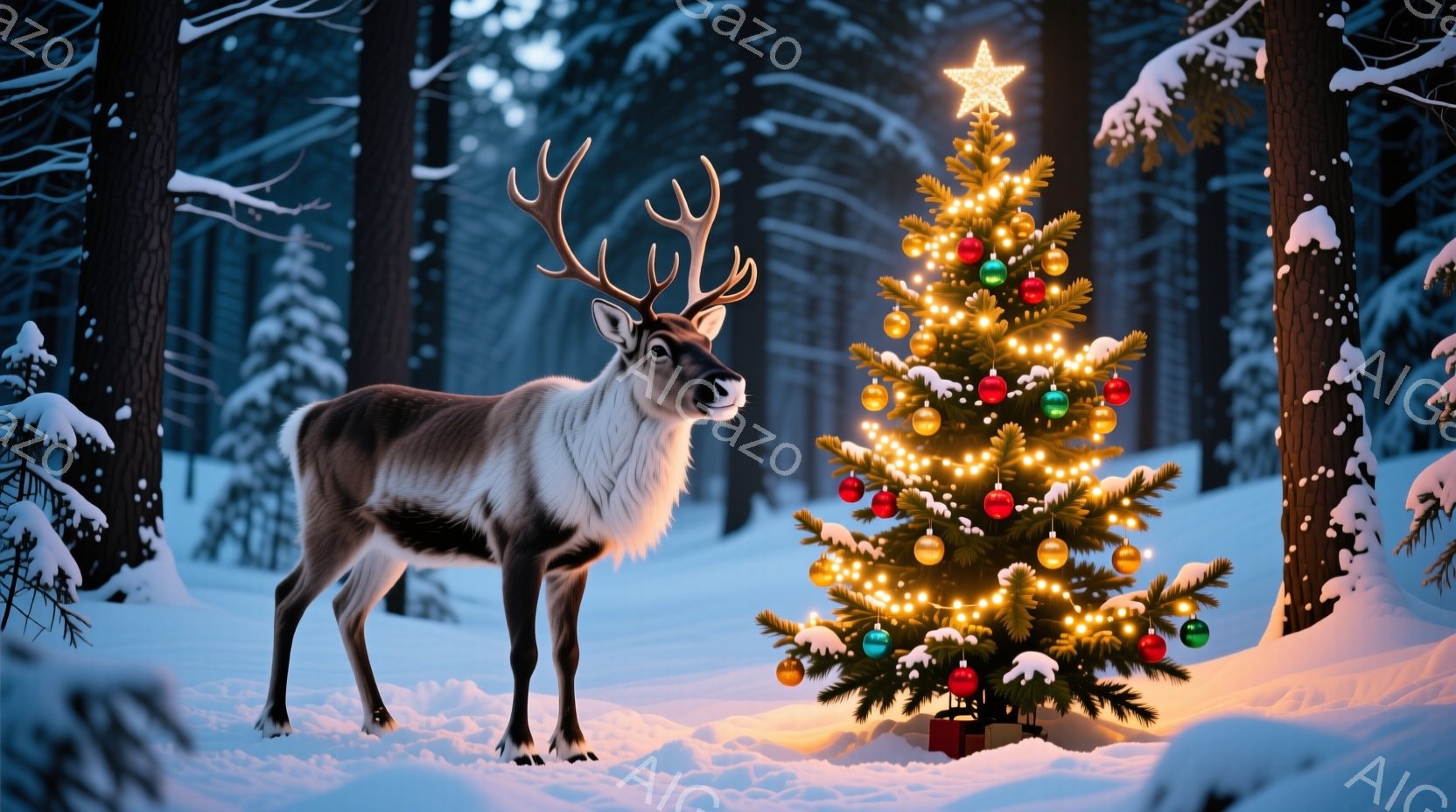 雪に覆われた森の中で、トナカイがクリスマスツリーの前に立っている。ツリーは色とりどりのオーナメントと光で飾られ、足元にはプレゼントの箱が置かれている。全体的に暖かく、幻想的な冬の雰囲気が漂っている。 - AI生成フリー素材